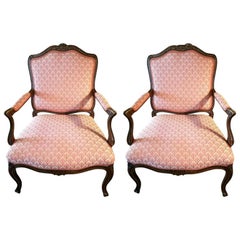 Pair of Louis XVI Oak and Upholstered Armchairs or Bergère, 20th Century