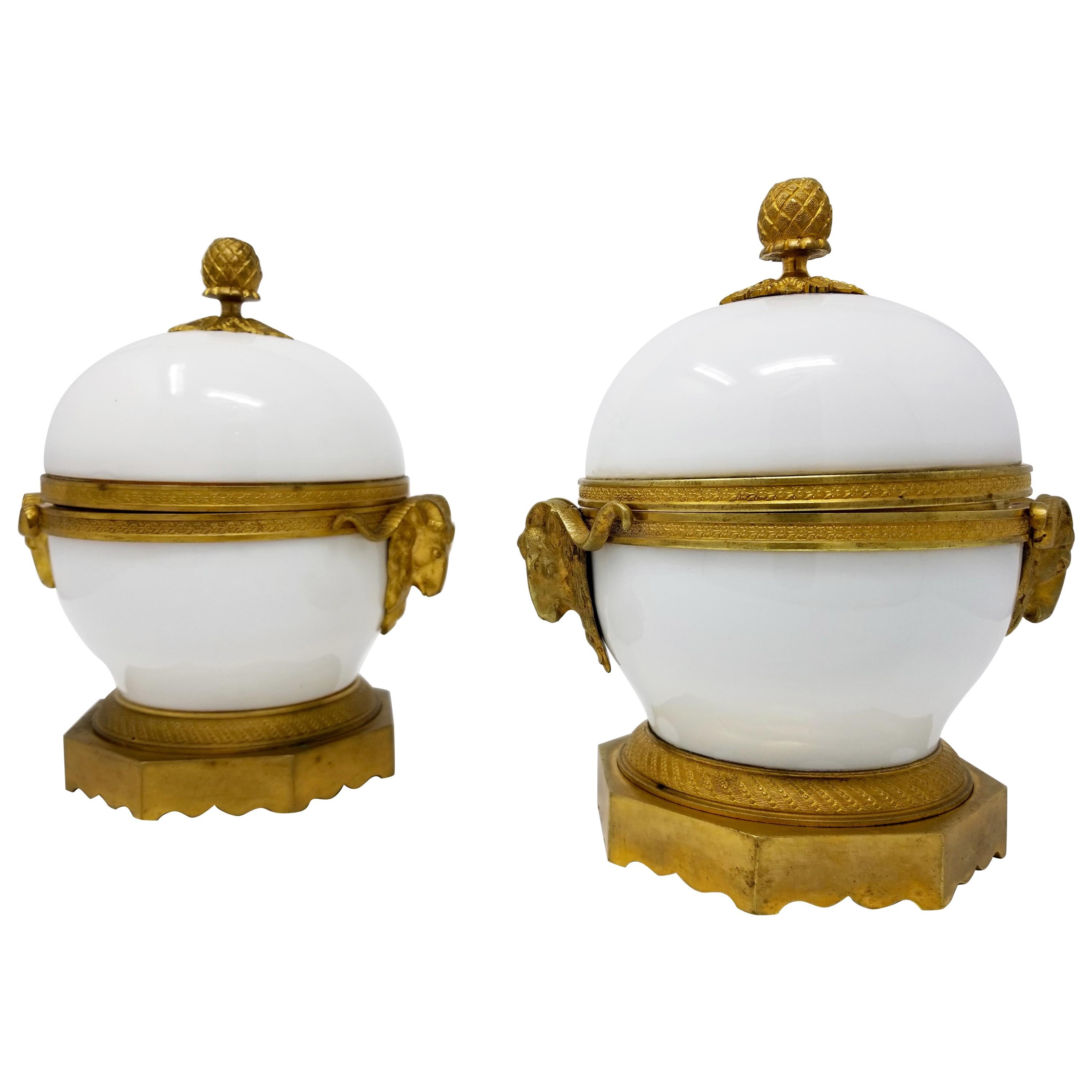 Pair of Louis XVI Ormolu Mounted White Porcelain and Dore Bronze Covered Bowls