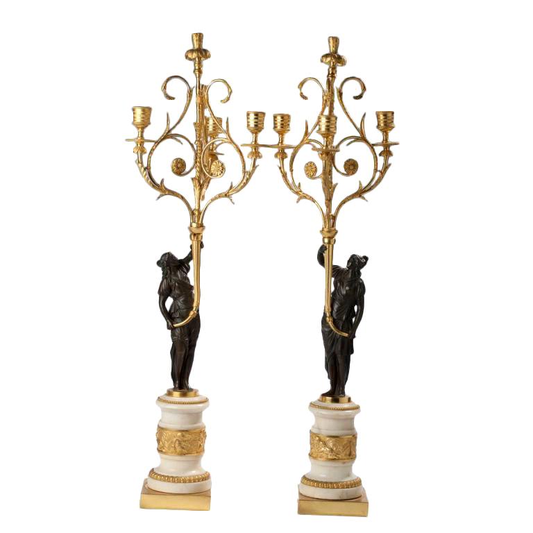 Pair of Louis XVI Ormolu, Patinated Bronze and Marble Candelabra For Sale