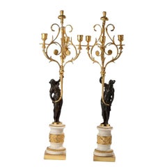 Pair of Louis XVI Ormolu, Patinated Bronze and Marble Candelabra
