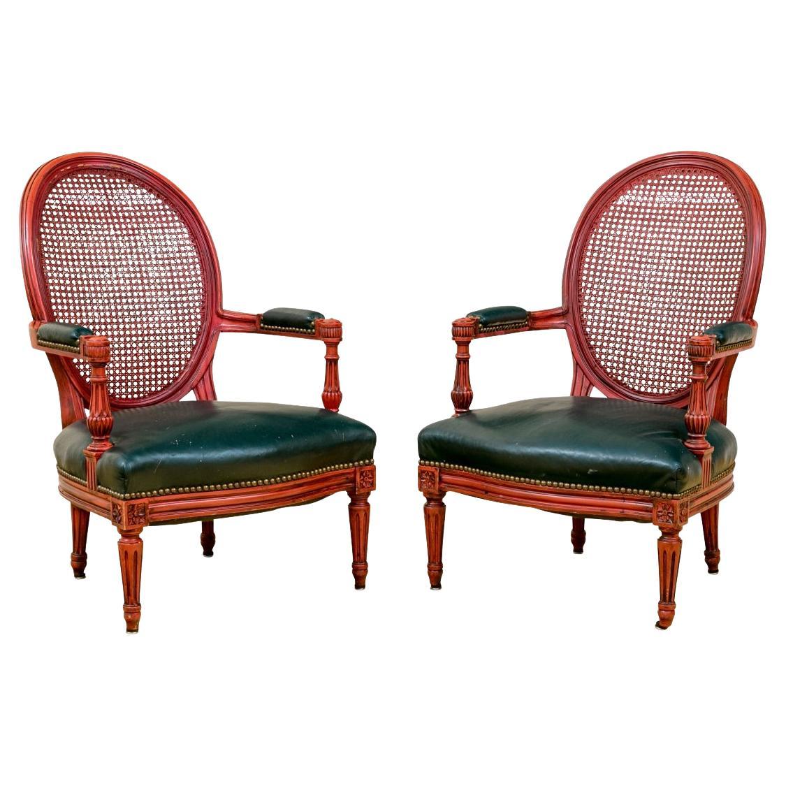 Pair Of Louis XVI Paint Decorated Low Caned Salon Chairs