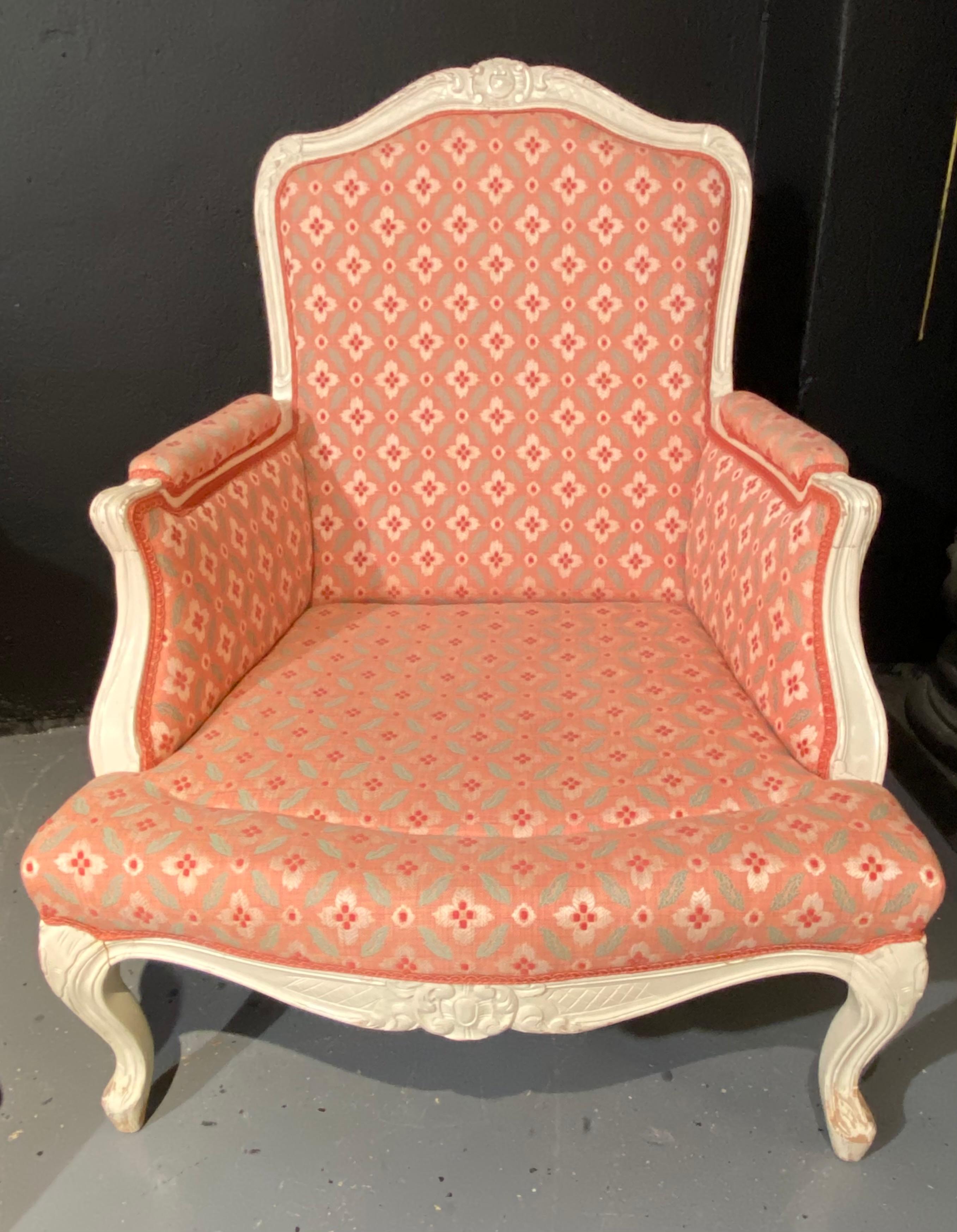 Pair of Louis XVI Painted Bergère or Lounge Chairs, Scalamandre Upholstery For Sale 3