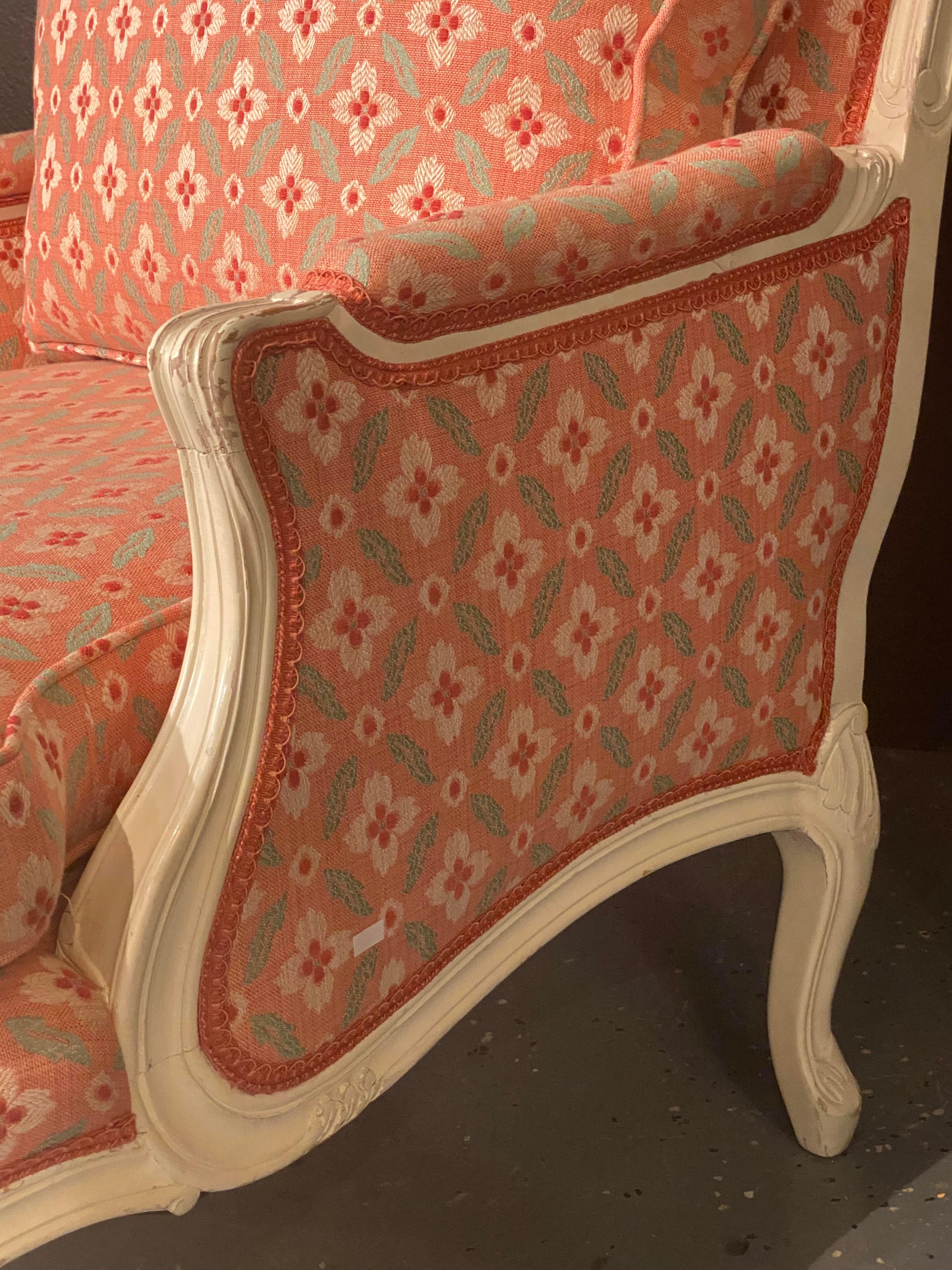 Pair of Louis XVI Painted Bergère or Lounge Chairs, Scalamandre Upholstery For Sale 7