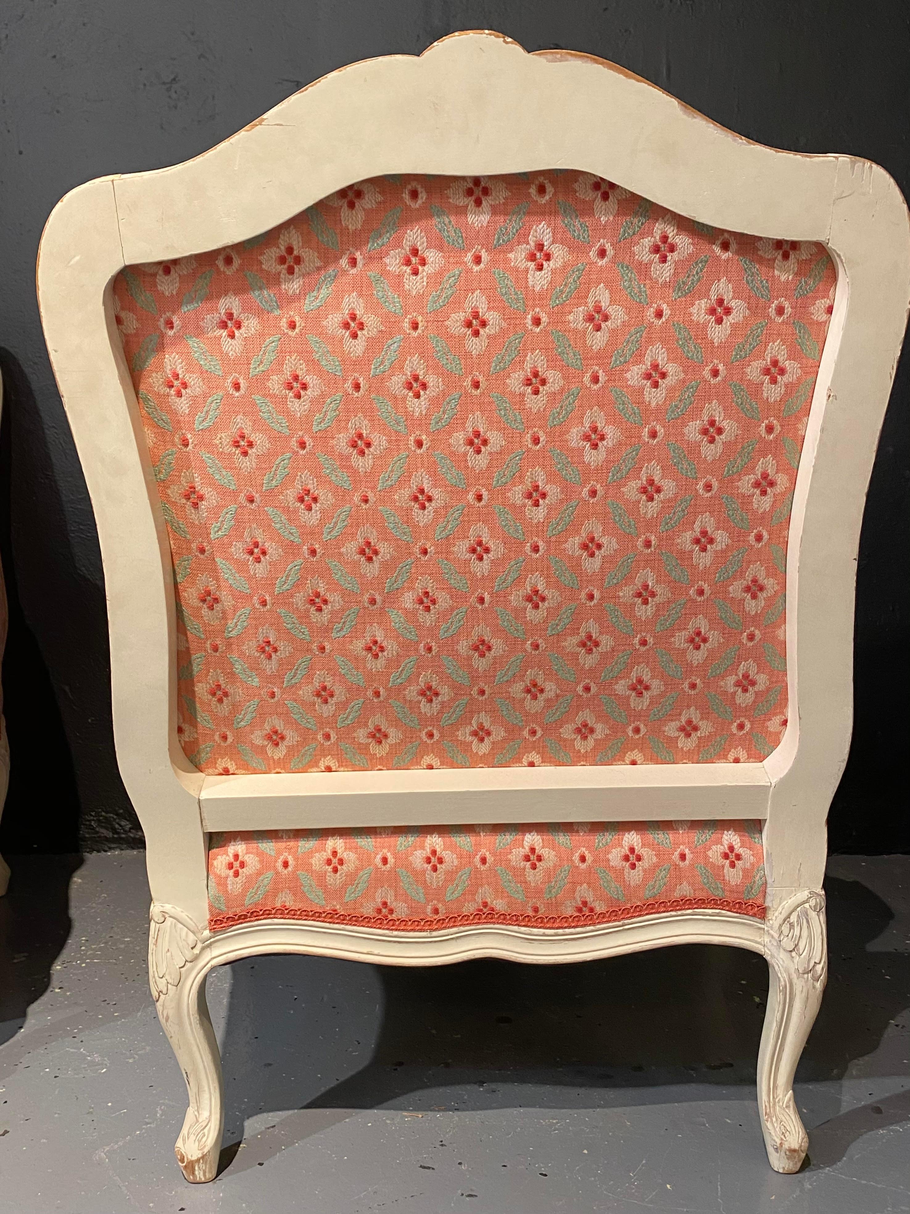 Pair of Louis XVI Painted Bergère or Lounge Chairs, Scalamandre Upholstery For Sale 8