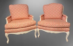 Pair of Louis XVI Painted Bergère or Lounge Chairs, Scalamandre Upholstery