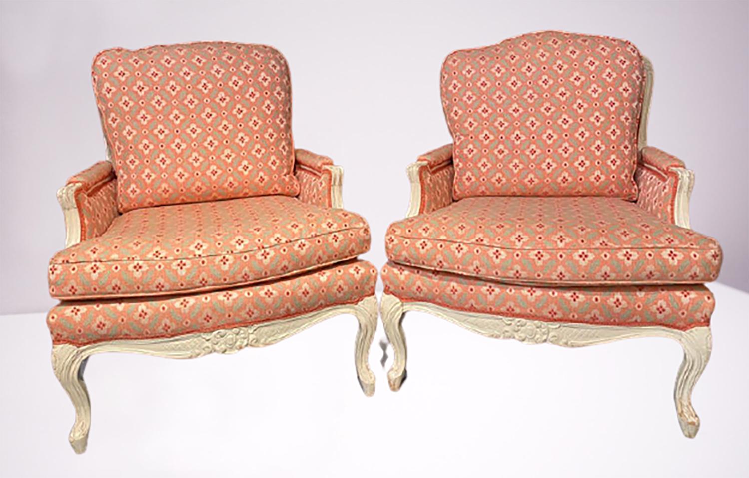 Hollywood Regency Pair of Louis XVI Painted Bergère or Lounge Chairs, Scalamandre Upholstery For Sale