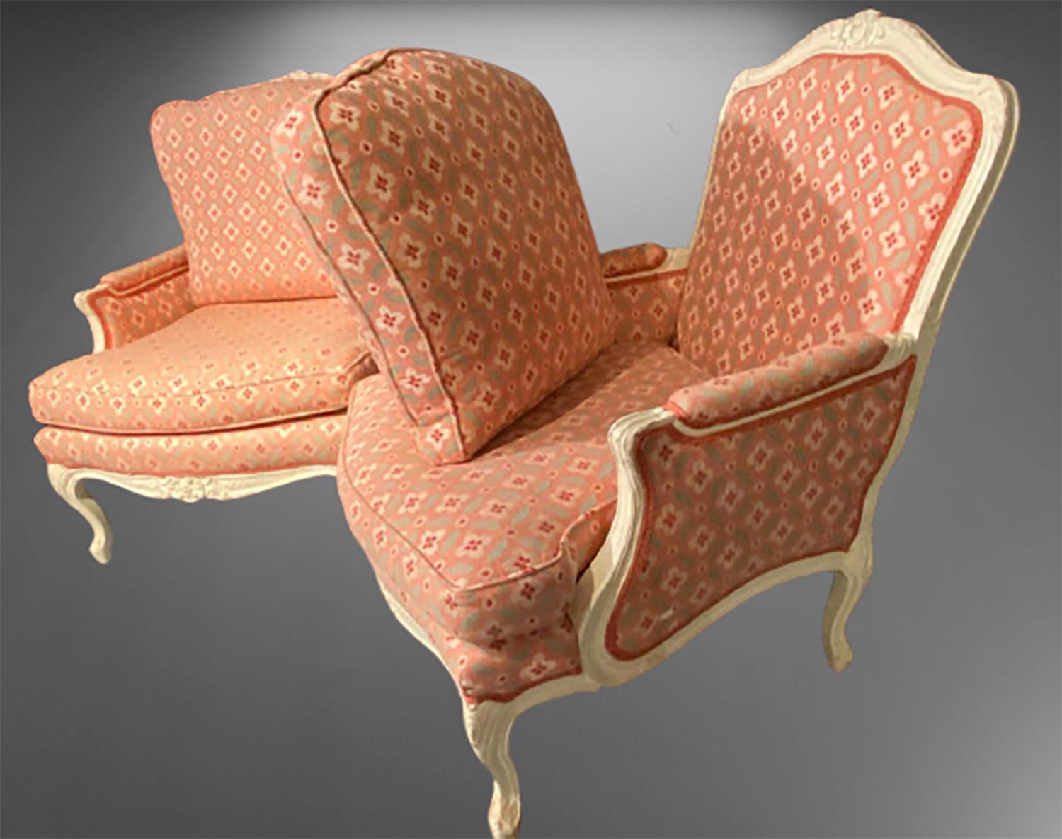 Hand-Painted Pair of Louis XVI Painted Bergère or Lounge Chairs, Scalamandre Upholstery For Sale