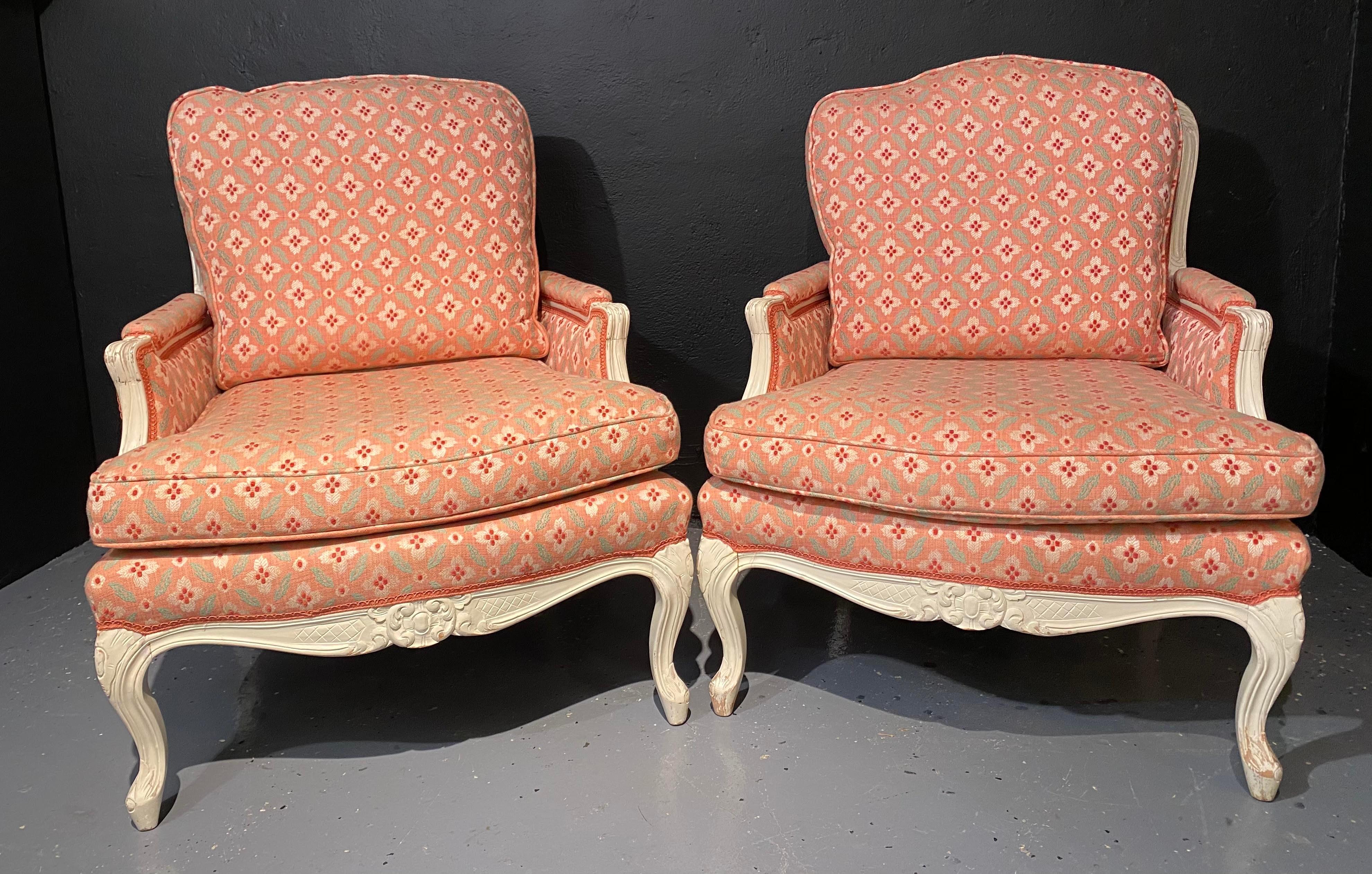 Wood Pair of Louis XVI Painted Bergère or Lounge Chairs, Scalamandre Upholstery For Sale