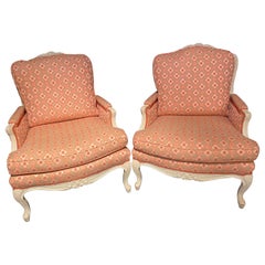 Pair of Louis XVI Painted Bergère or Lounge Chairs, Scalamandre Upholstery