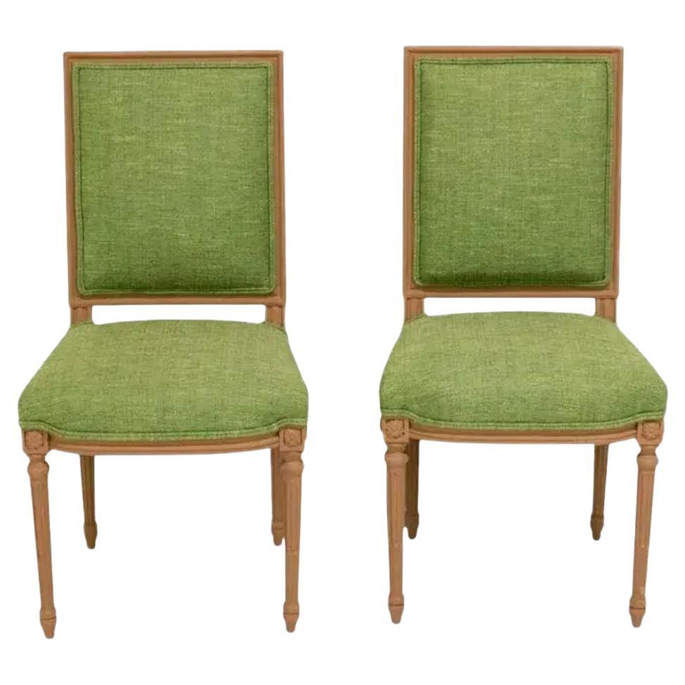 Pair of Louis XVI Painted Side Chairs With Green Upholstery For Sale