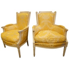 Antique Pair of Louis XVI Period Bergères in Yellow Silk Lampas Fabric