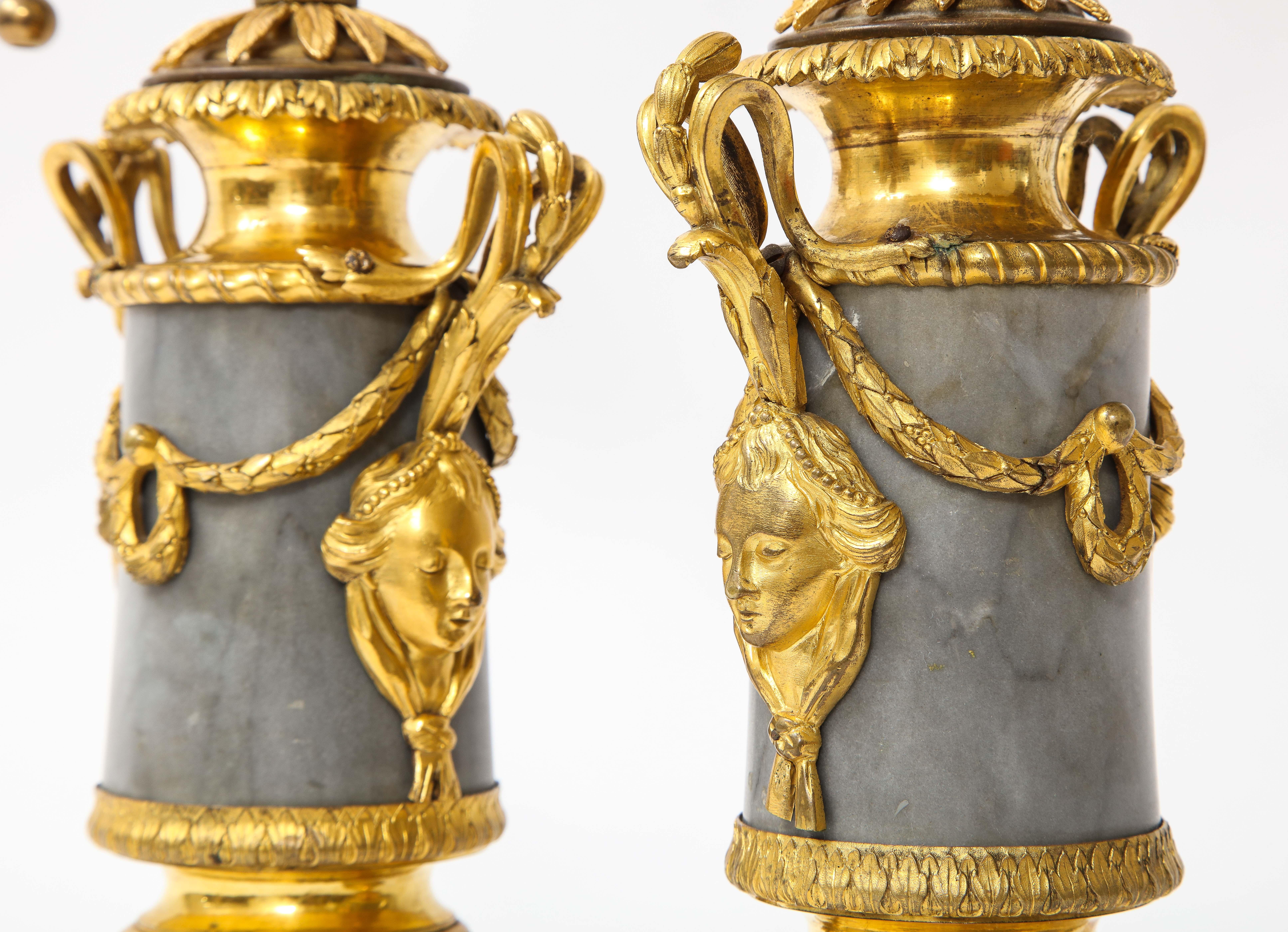 Pair of Louis XVI Period Dore Bronze Mounted Grey and Black Veined Marble Lamps For Sale 4