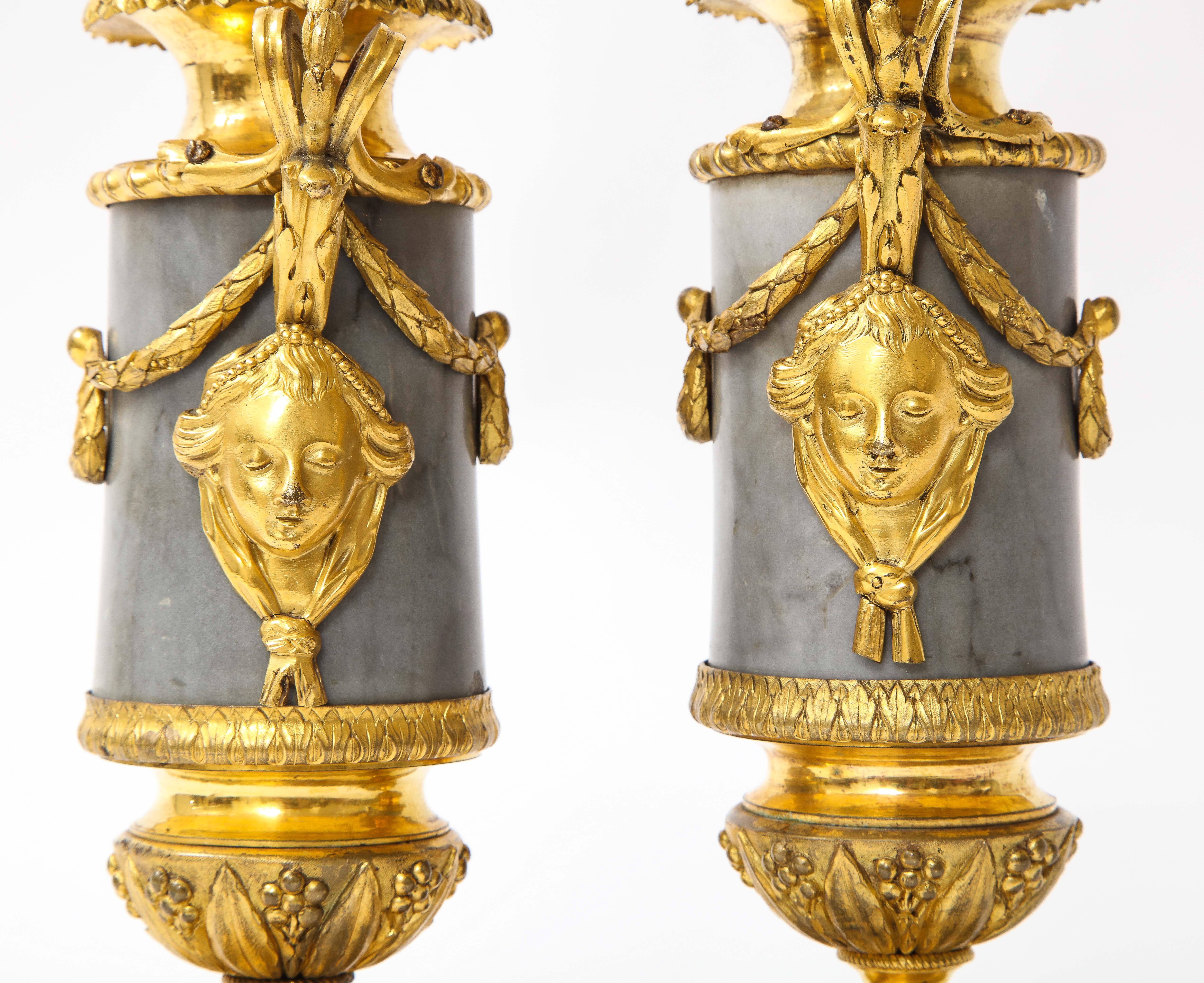Pair of Louis XVI Period Dore Bronze Mounted Grey and Black Veined Marble Lamps For Sale 5