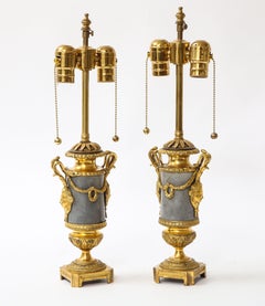 Pair of Louis XVI Period Dore Bronze Mounted Grey and Black Veined Marble Lamps