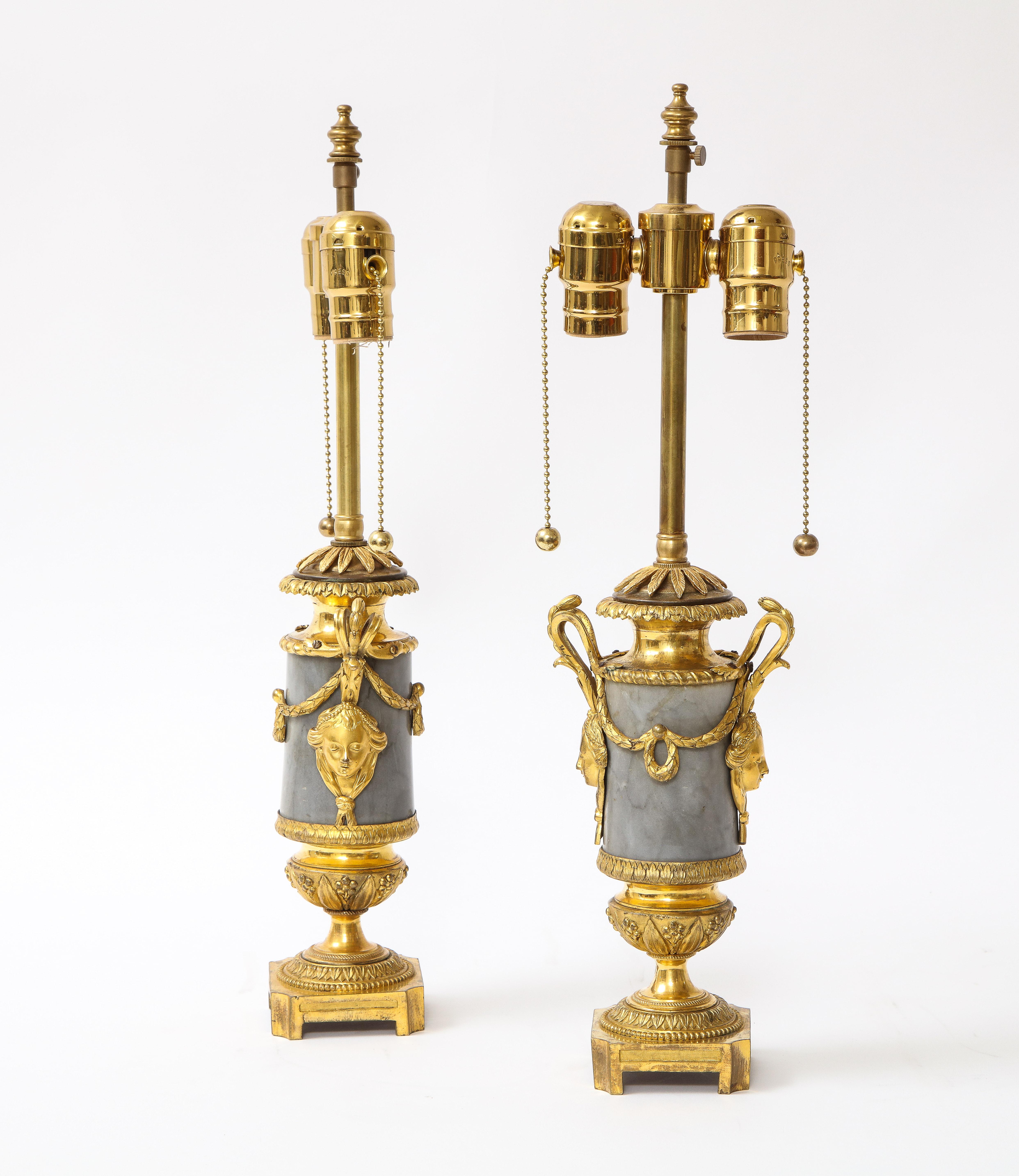 Pair of Louis XVI Period Dore Bronze Mounted Grey and Black Veined Marble Lamps In Good Condition For Sale In New York, NY
