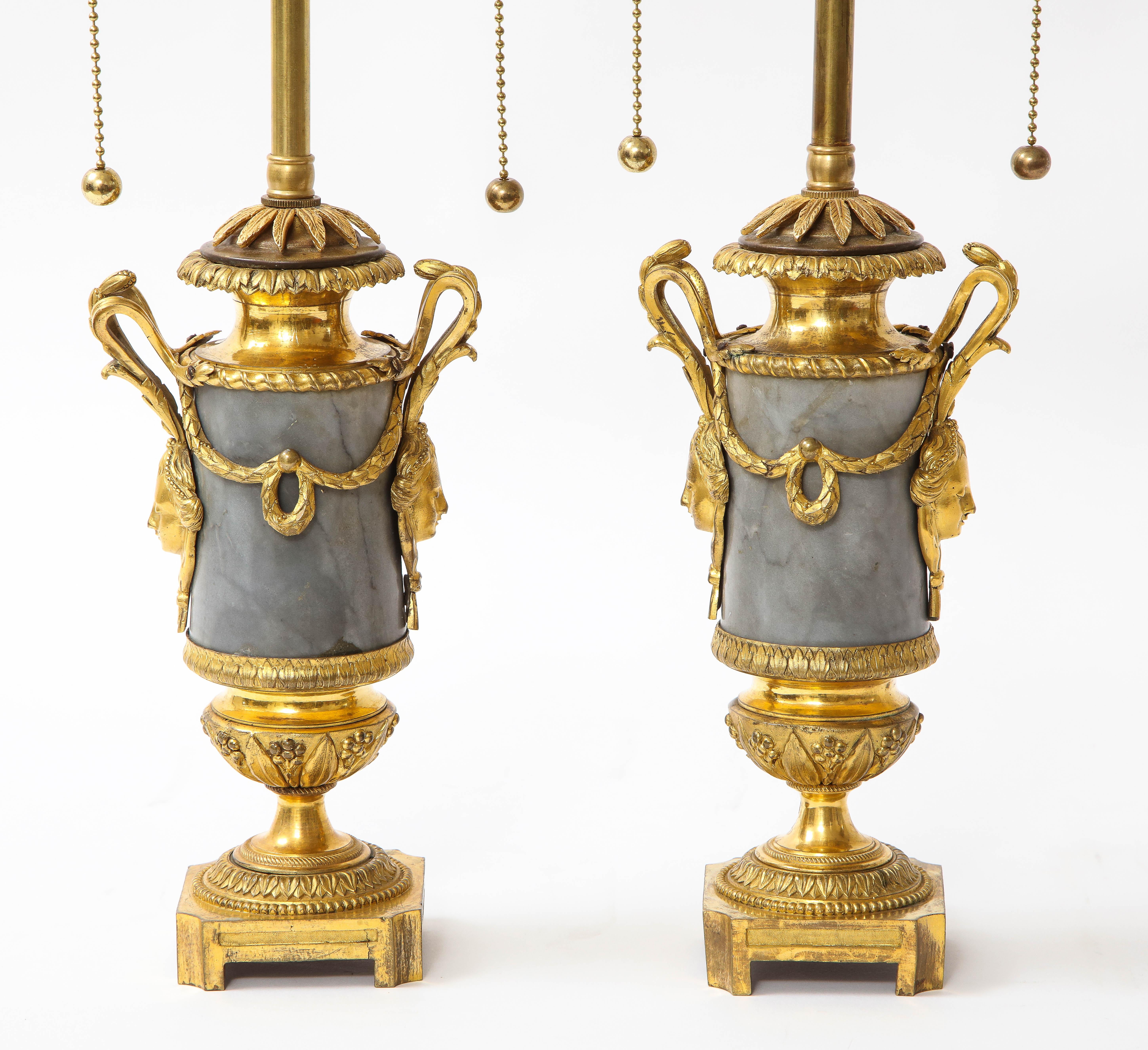 Pair of Louis XVI Period Dore Bronze Mounted Grey and Black Veined Marble Lamps For Sale 2