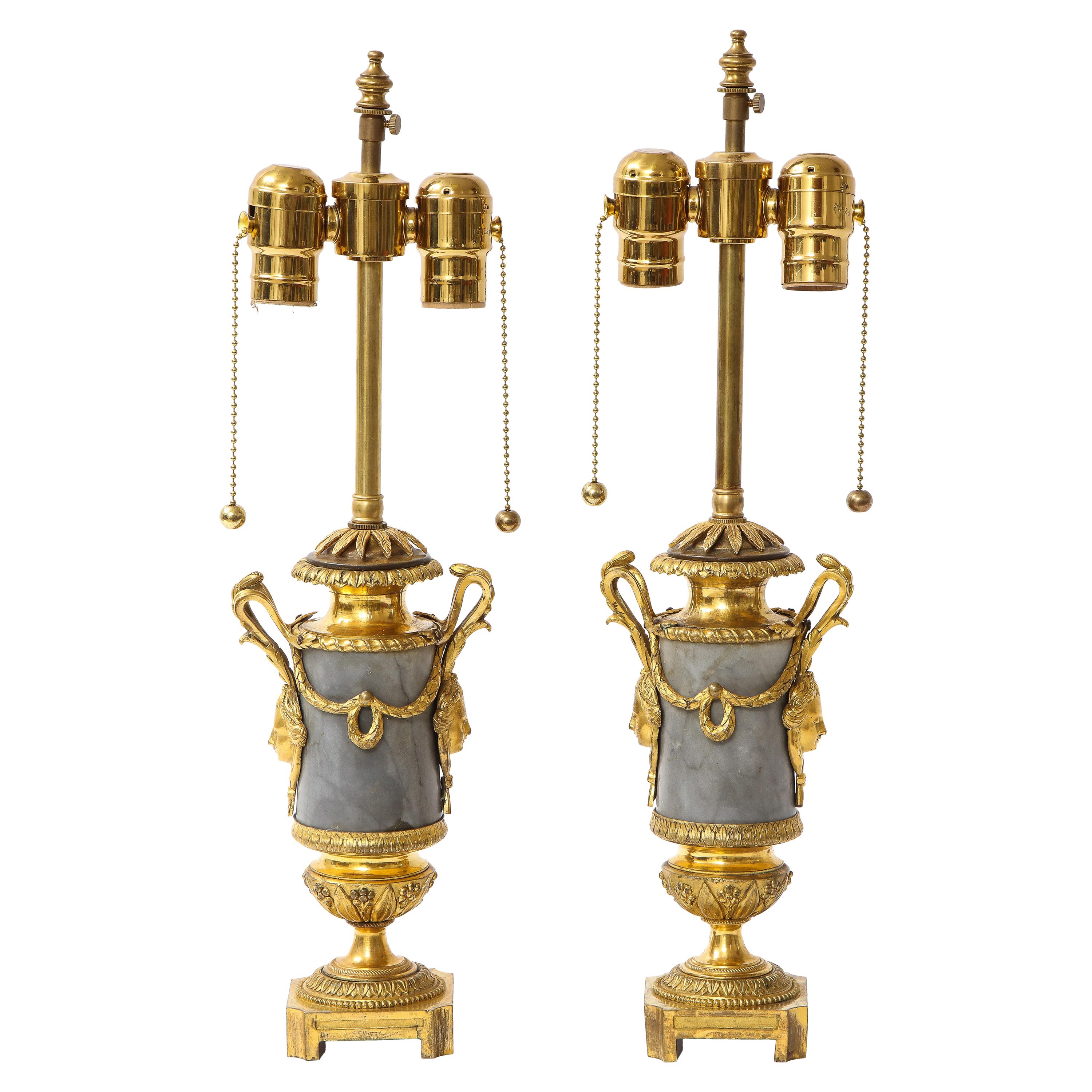 Pair of Louis XVI Period Dore Bronze Mounted Grey and Black Veined Marble Lamps For Sale
