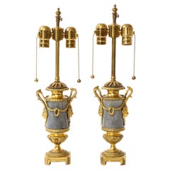 Pair of Louis XVI Period Dore Bronze Mounted Grey and Black Veined Marble Lamps