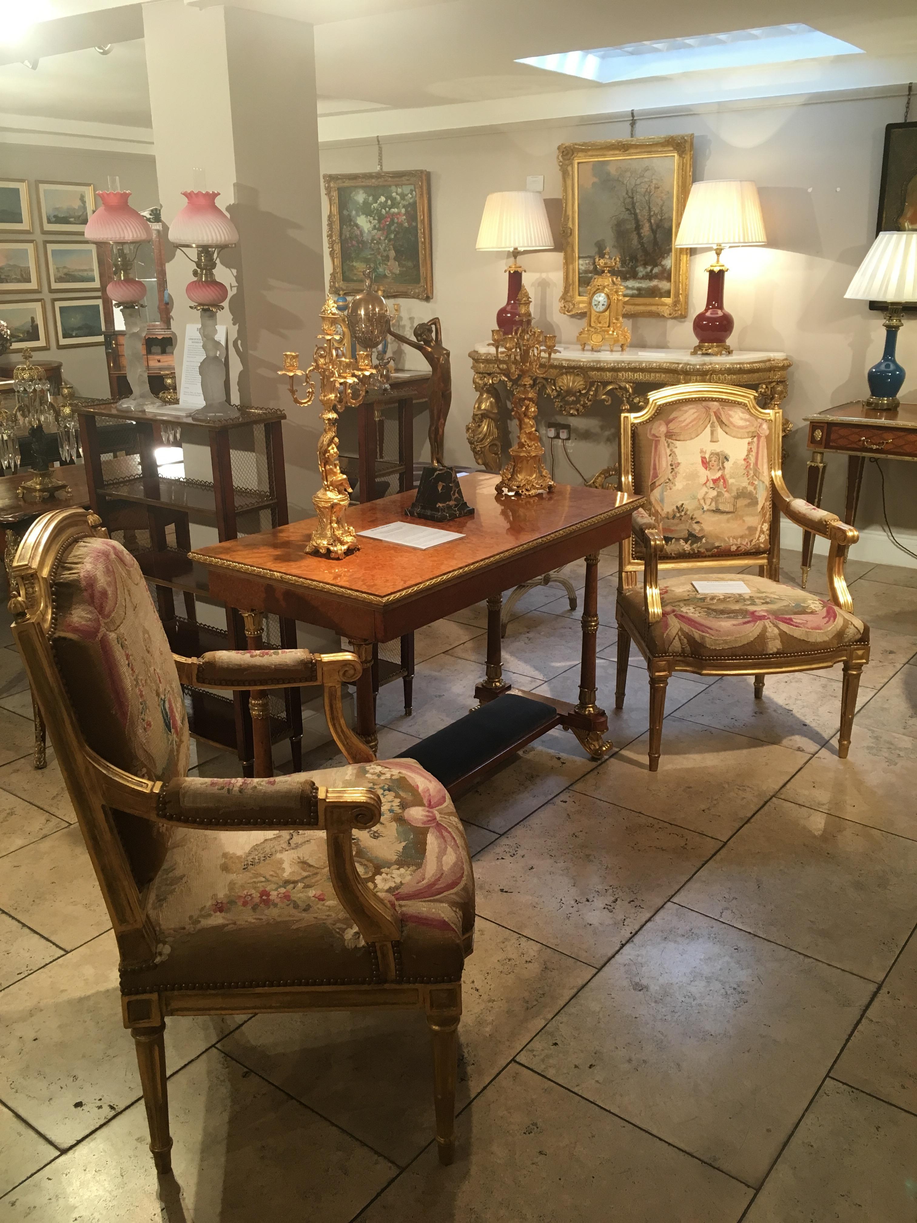 Carved Pair of Louis XVI Period Giltwood and Tapestry Armchairs