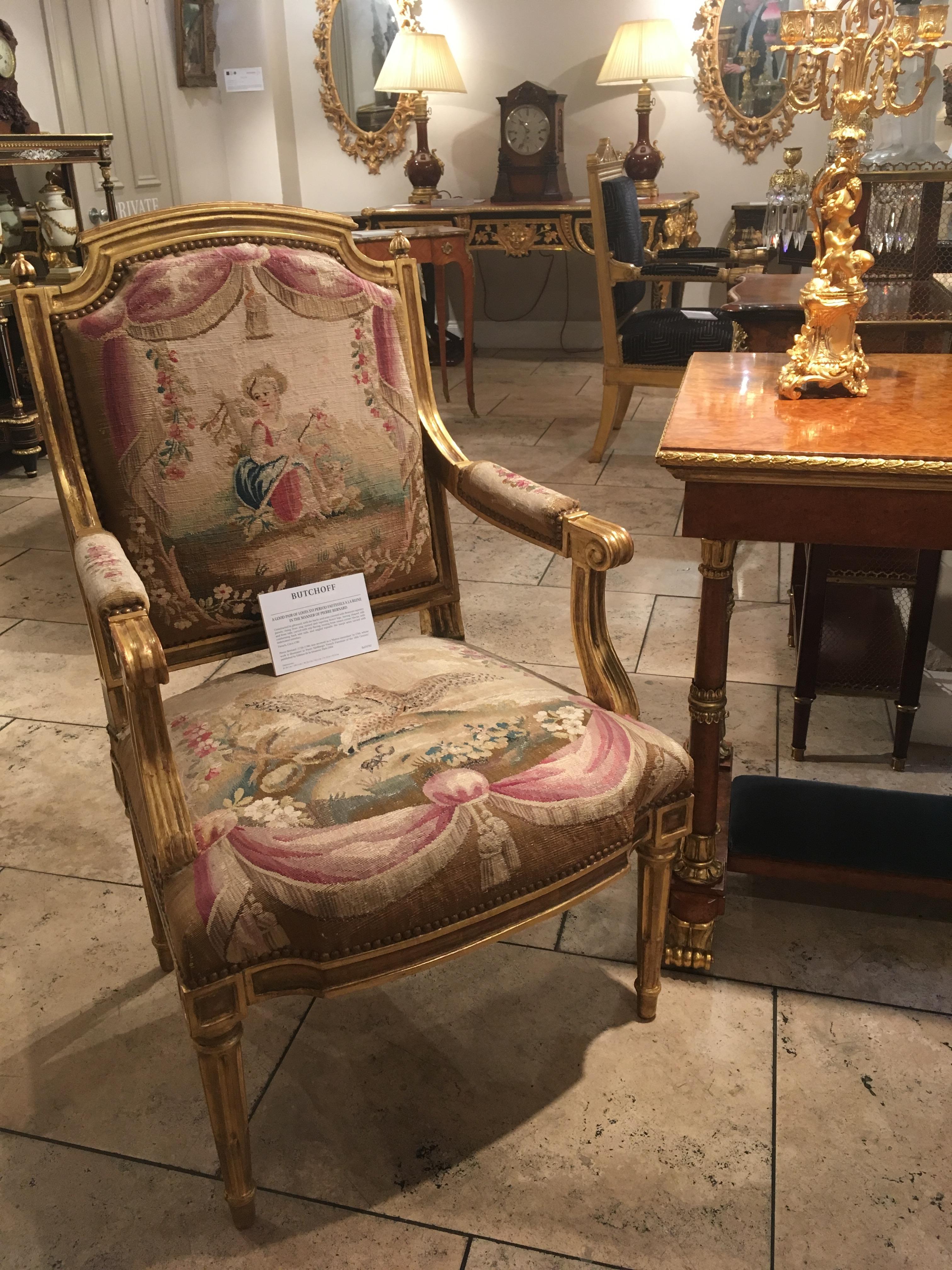 18th Century and Earlier Pair of Louis XVI Period Giltwood and Tapestry Armchairs