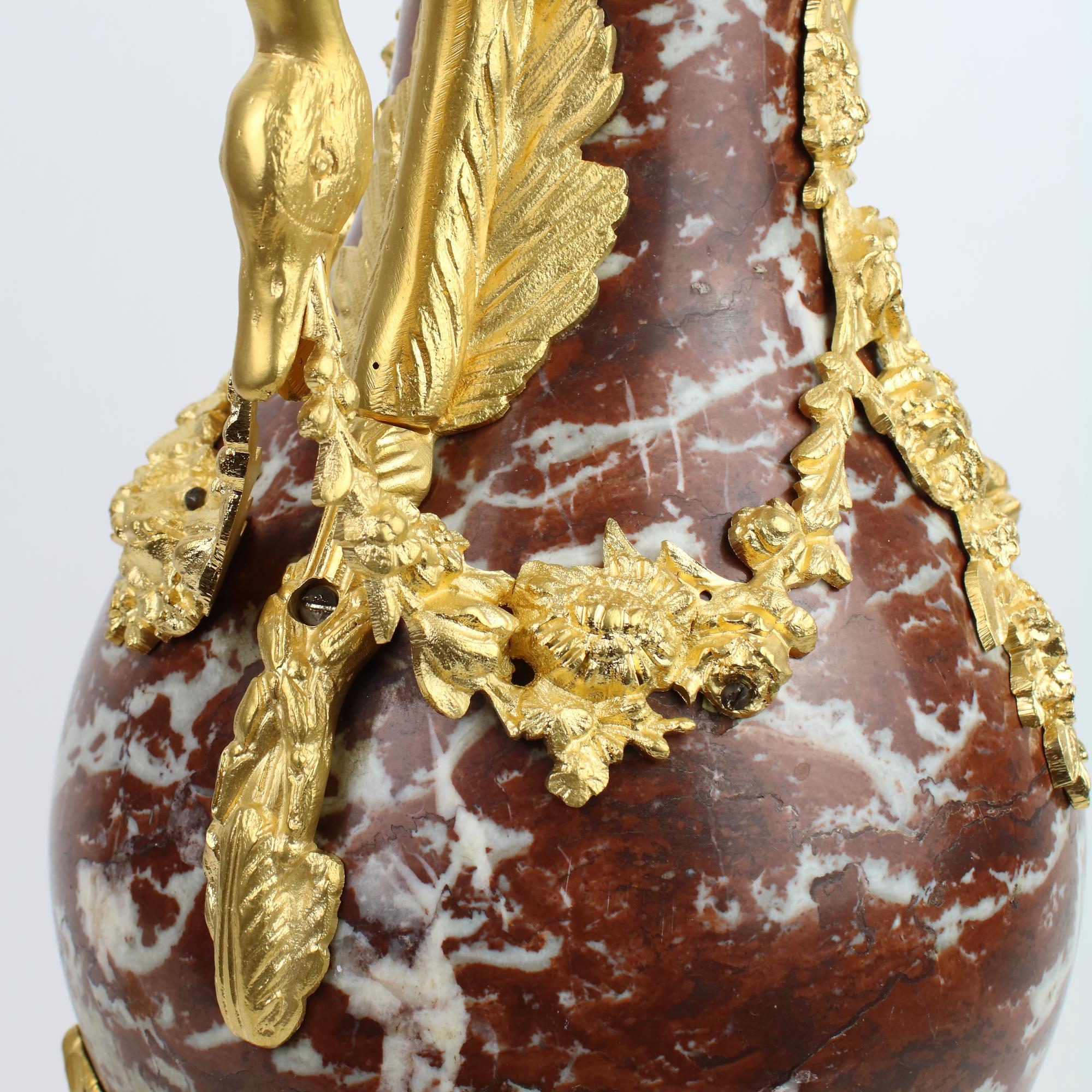 Pair of Louis XVI Red Marble and Gilt Bronze Swan Handles Decorative Vases For Sale 5