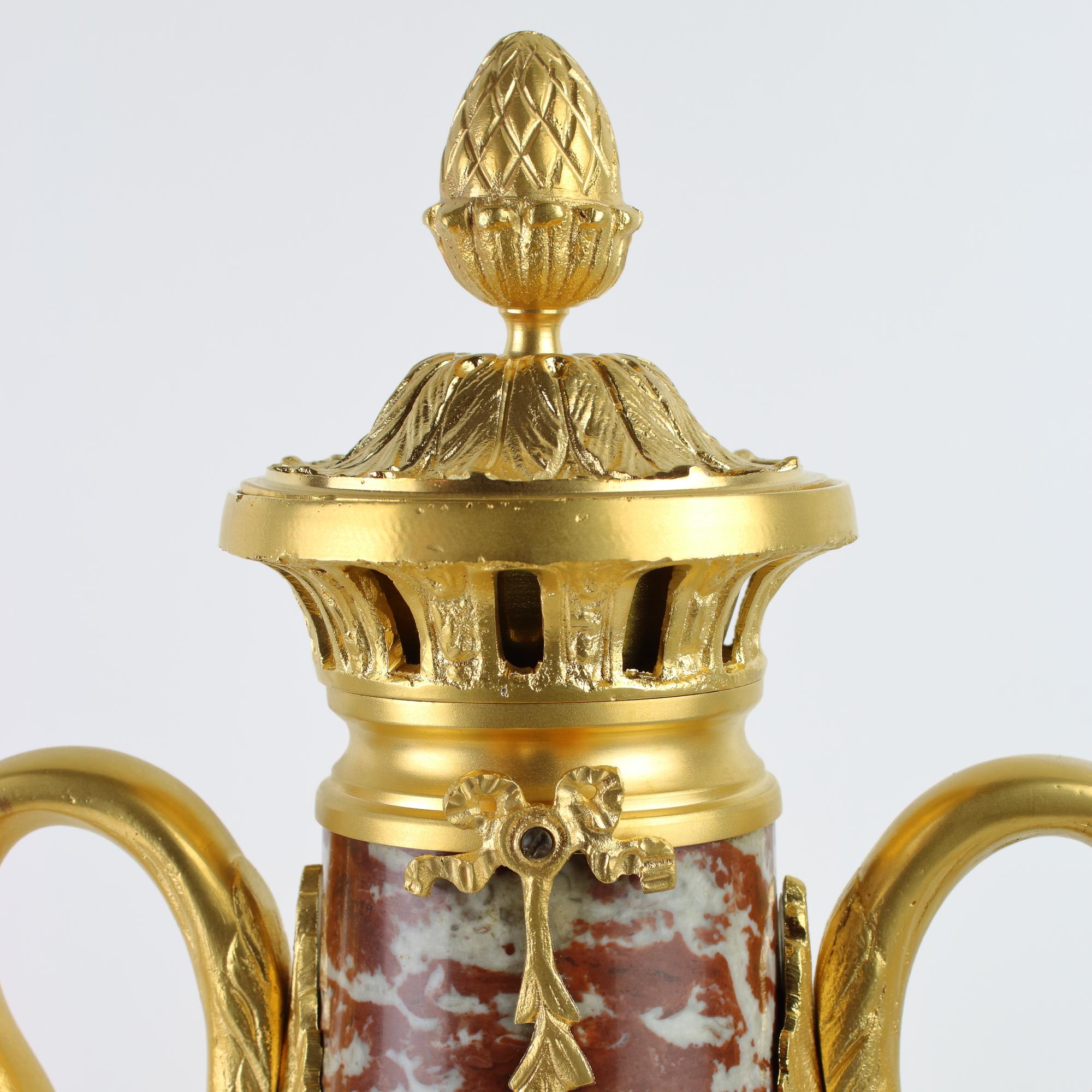 Pair of Louis XVI Red Marble and Gilt Bronze Swan Handles Decorative Vases For Sale 6