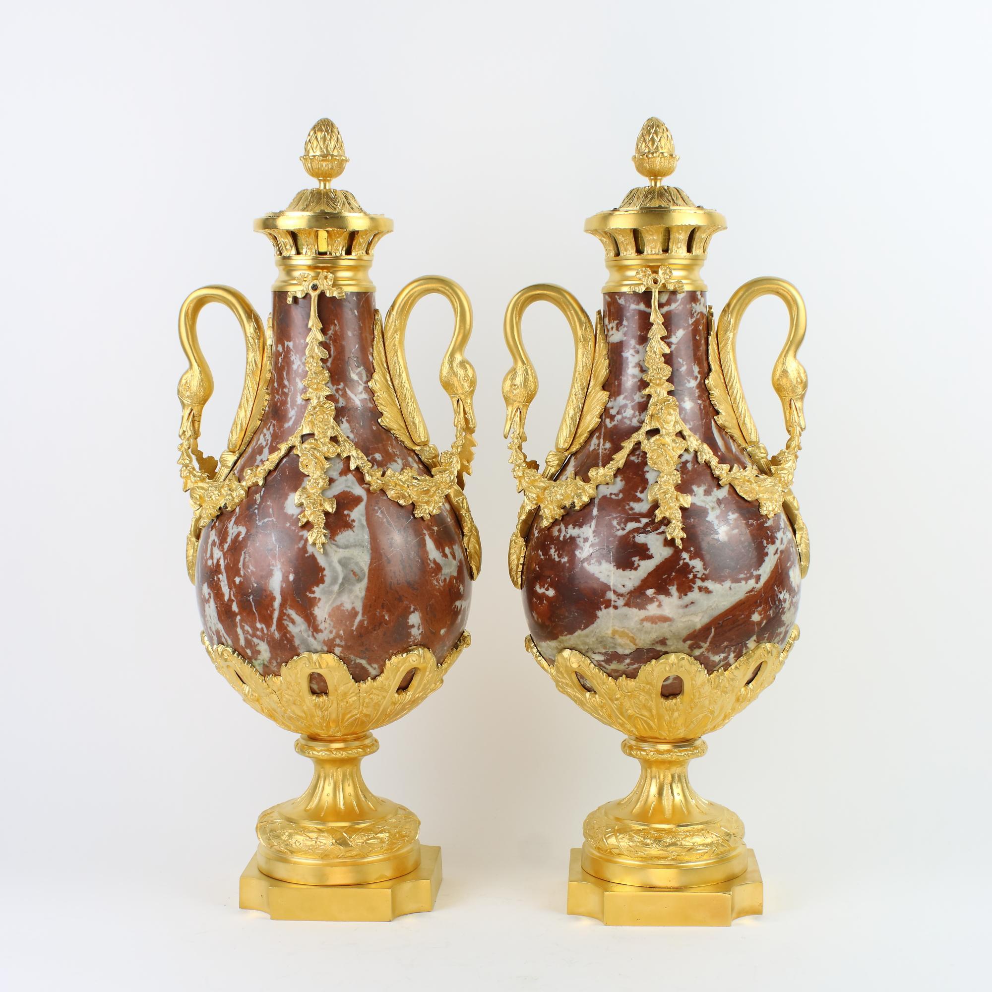 French Pair of Louis XVI Red Marble and Gilt Bronze Swan Handles Decorative Vases For Sale