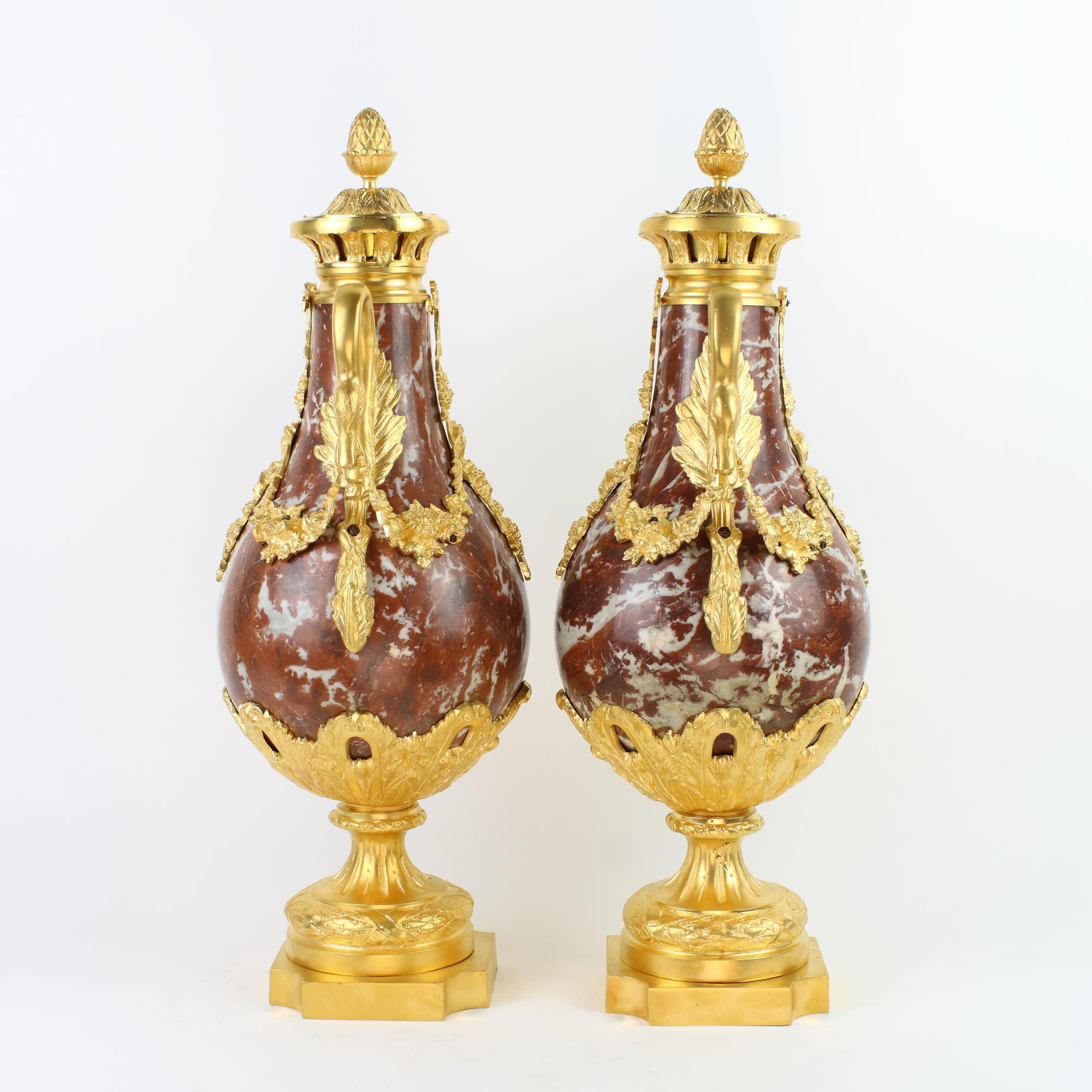 19th Century Pair of Louis XVI Red Marble and Gilt Bronze Swan Handles Decorative Vases For Sale
