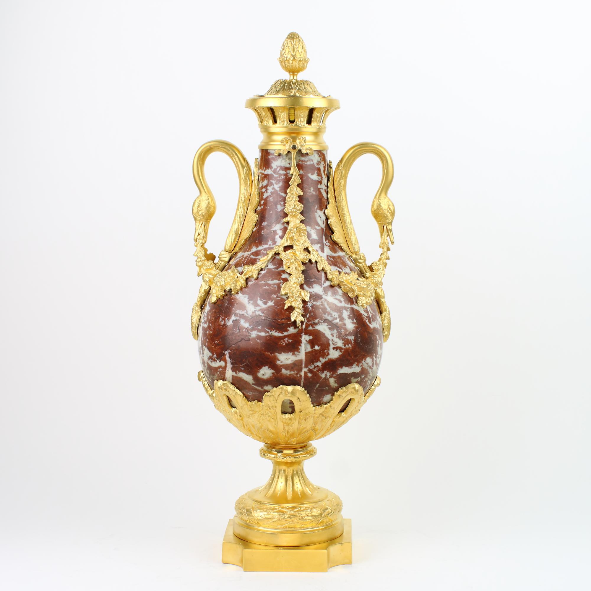 Pair of Louis XVI Red Marble and Gilt Bronze Swan Handles Decorative Vases For Sale 1