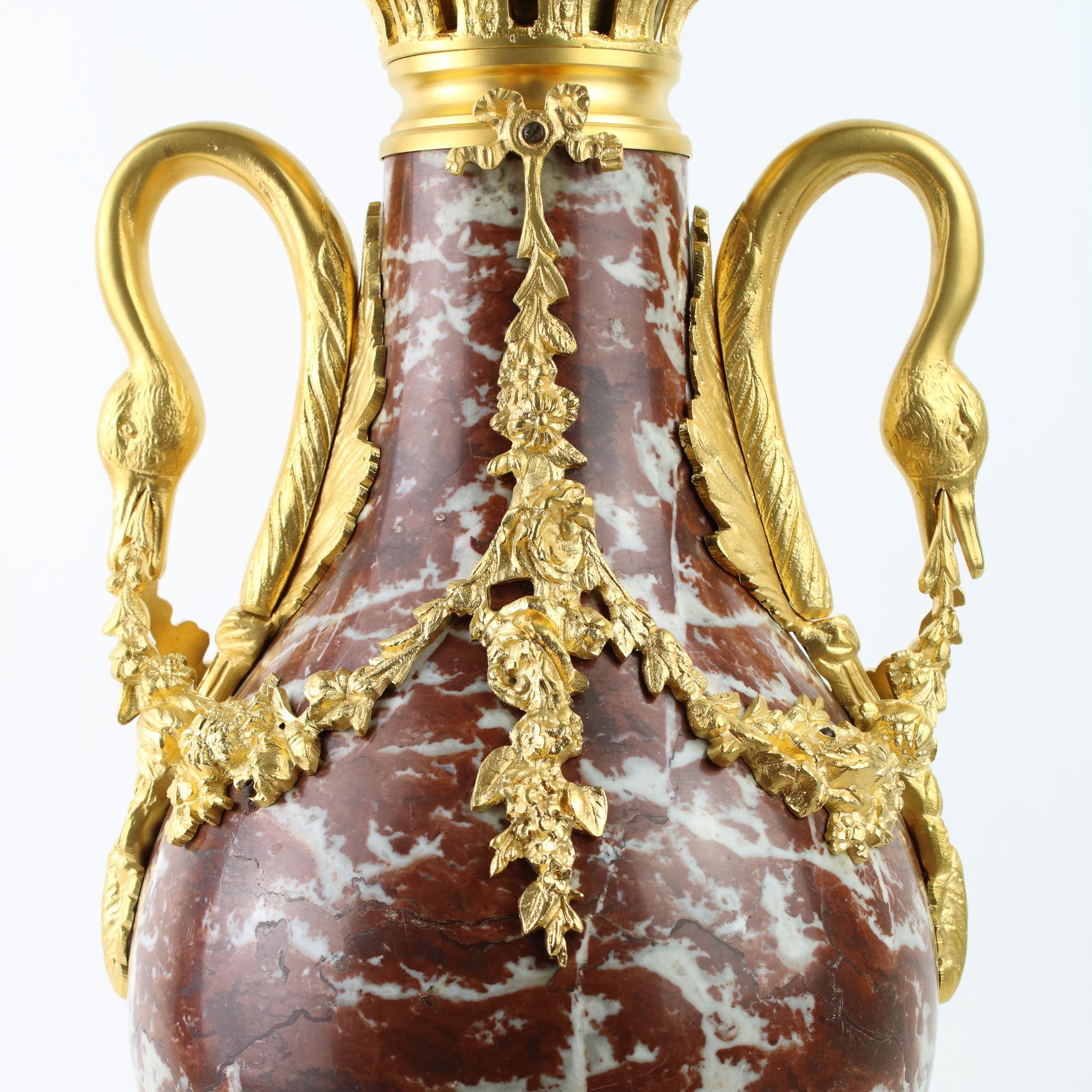 Pair of Louis XVI Red Marble and Gilt Bronze Swan Handles Decorative Vases For Sale 3