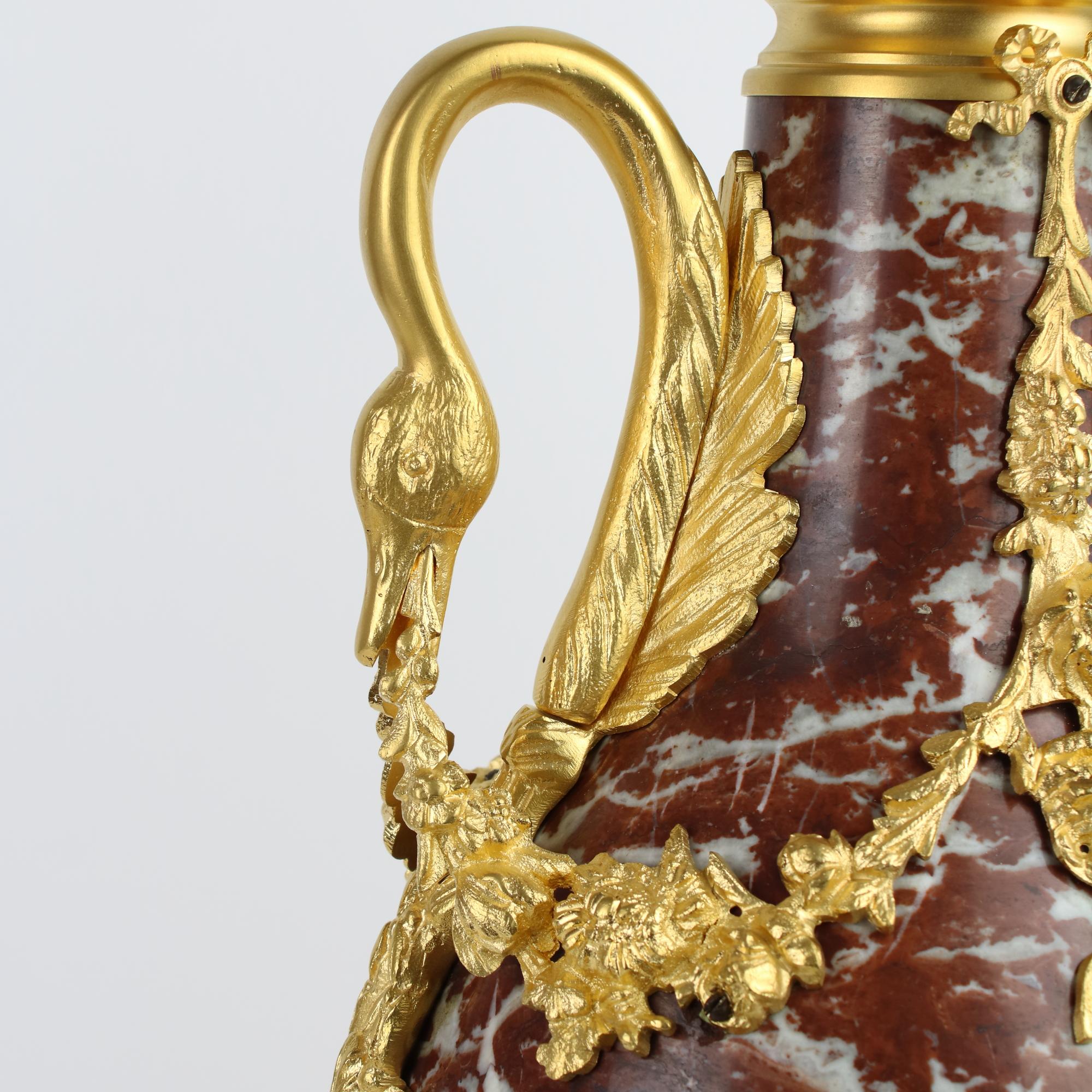 Pair of Louis XVI Red Marble and Gilt Bronze Swan Handles Decorative Vases For Sale 4