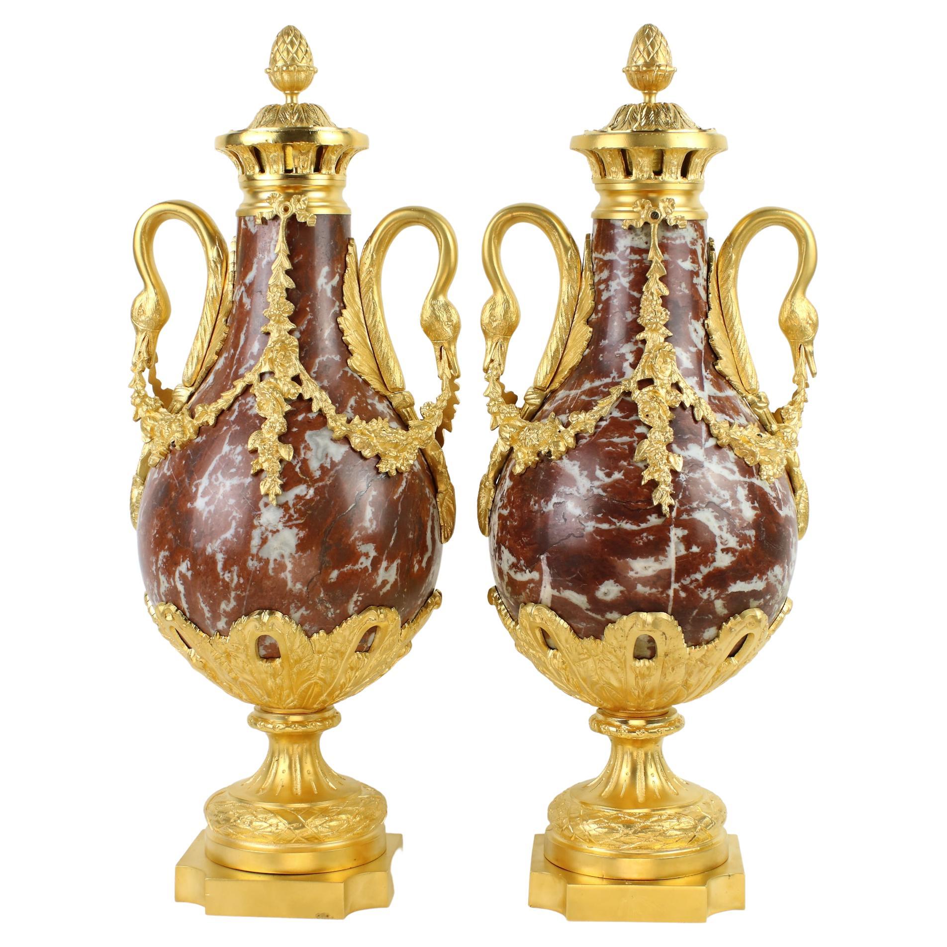 Pair of Louis XVI Red Marble and Gilt Bronze Swan Handles Decorative Vases For Sale