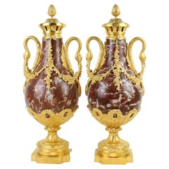 Pair of Louis XVI Red Marble and Gilt Bronze Swan Handles Decorative Vases