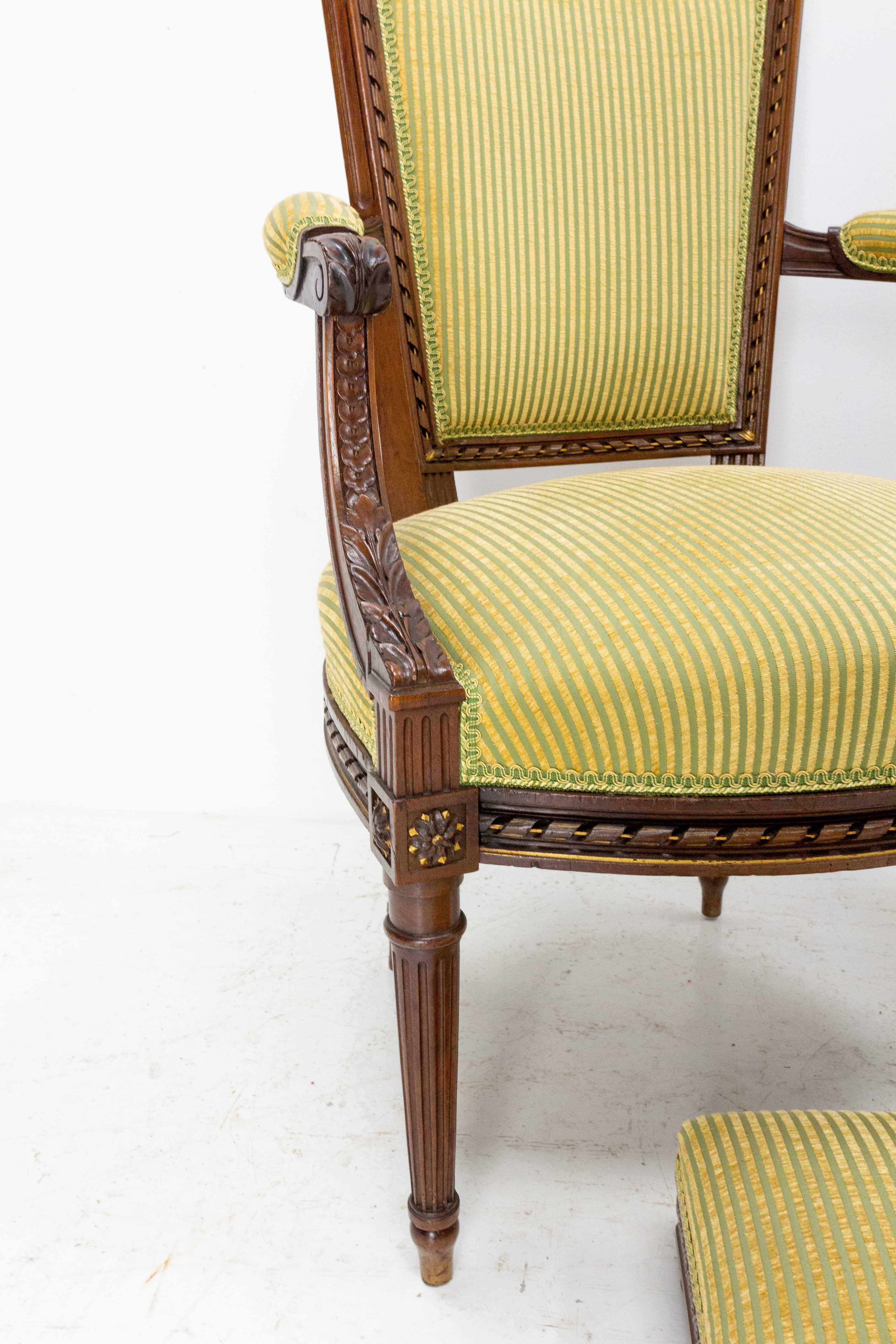 Pair of Louis XVI Revival Open Armchairs French with Footstools, Midcentury For Sale 5