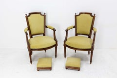 Pair of Louis XVI Revival Open Armchairs French with Footstools, Midcentury