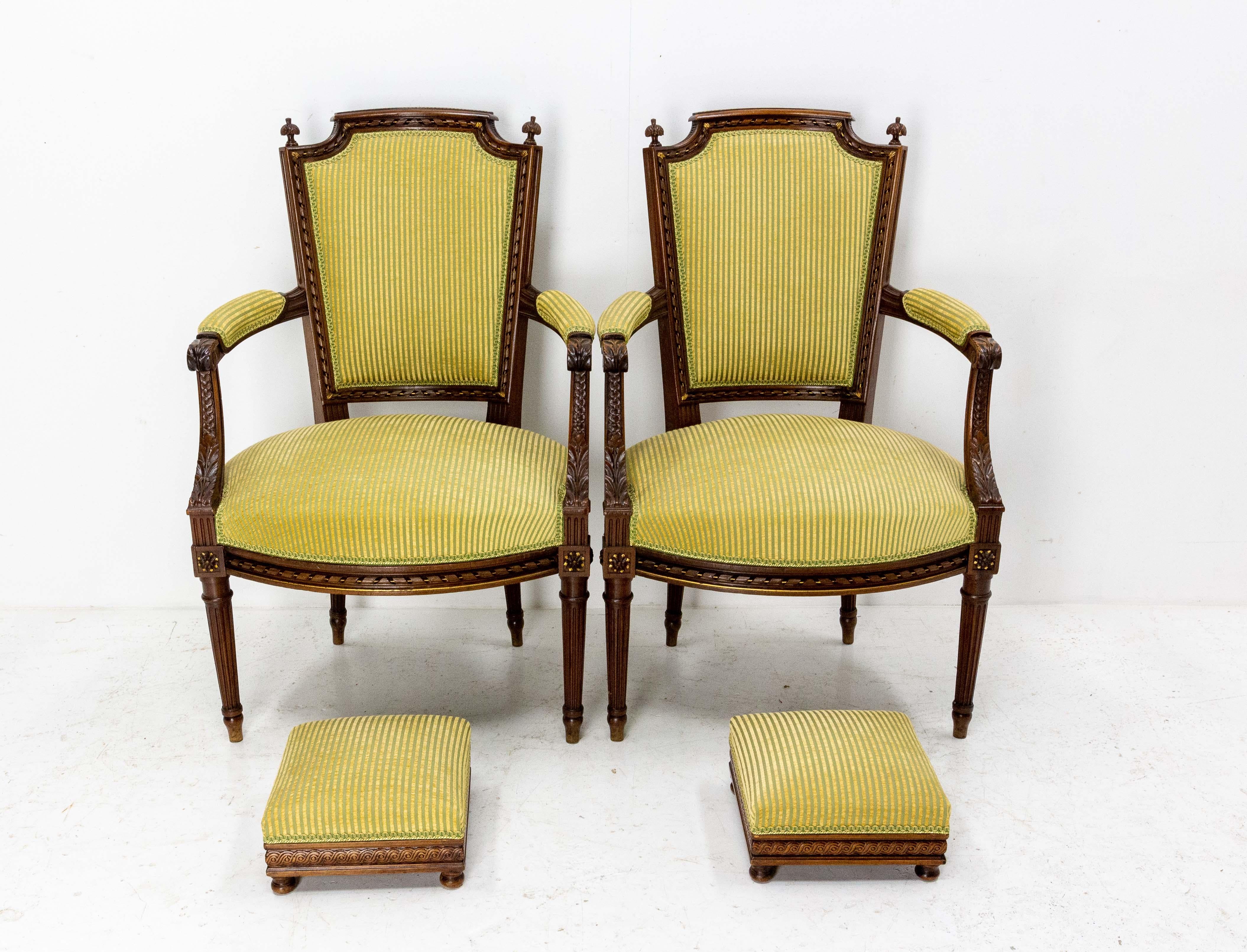 Pair of Louis XVI Revival Open Armchairs French with Footstools, Midcentury In Good Condition For Sale In Labrit, Landes