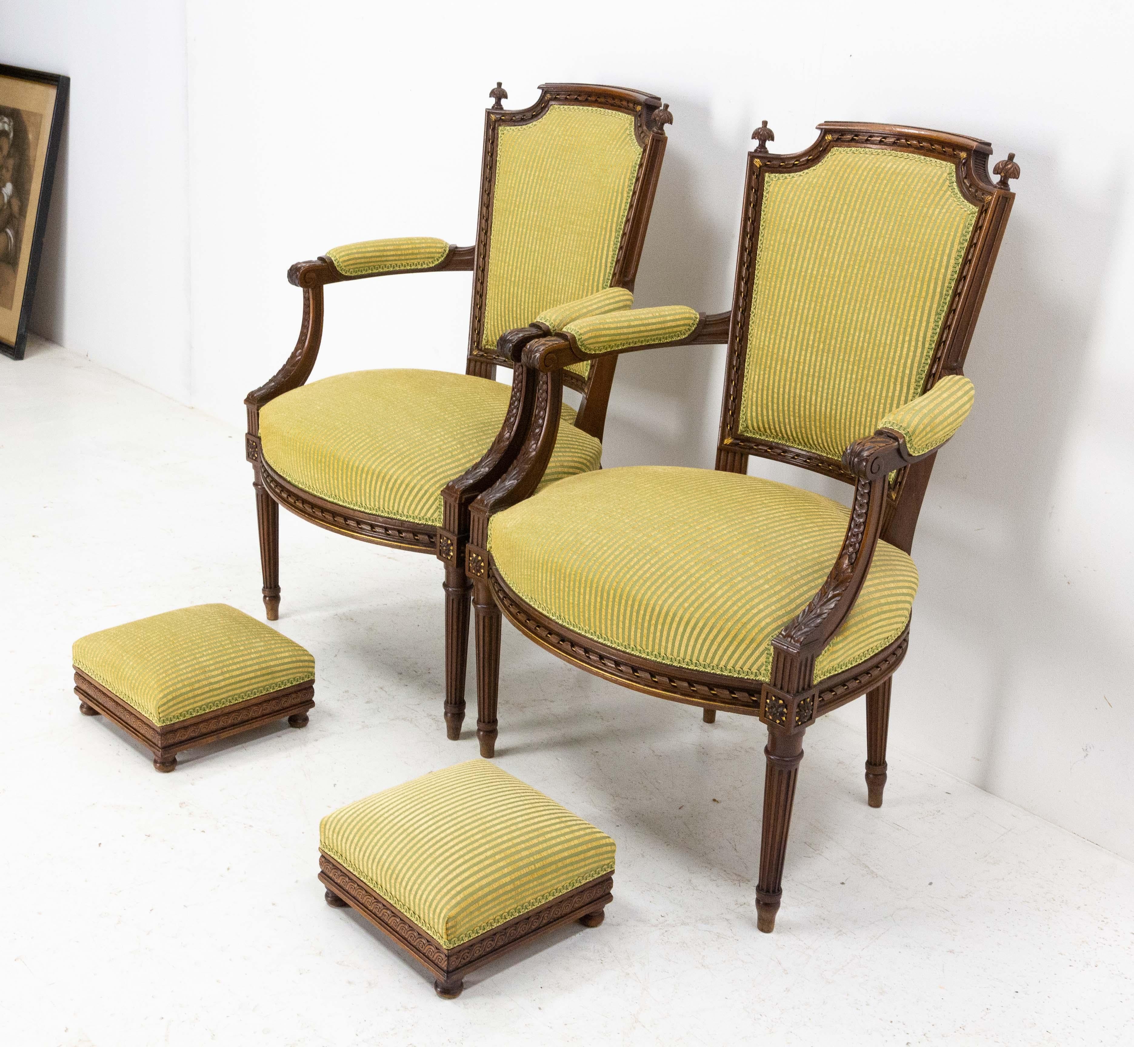 Late 19th Century Pair of Louis XVI Revival Open Armchairs French with Footstools, Midcentury For Sale