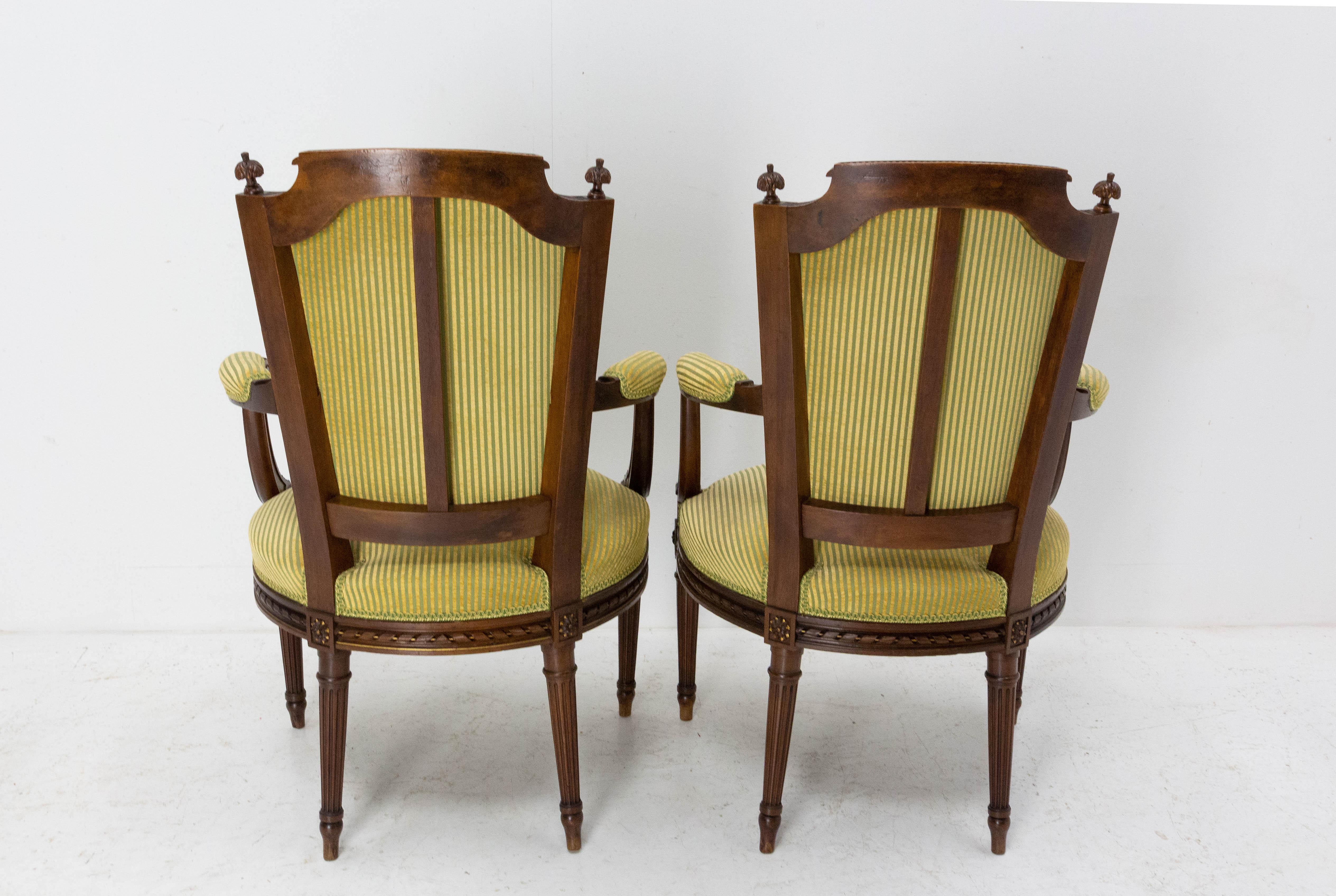 Fabric Pair of Louis XVI Revival Open Armchairs French with Footstools, Midcentury For Sale