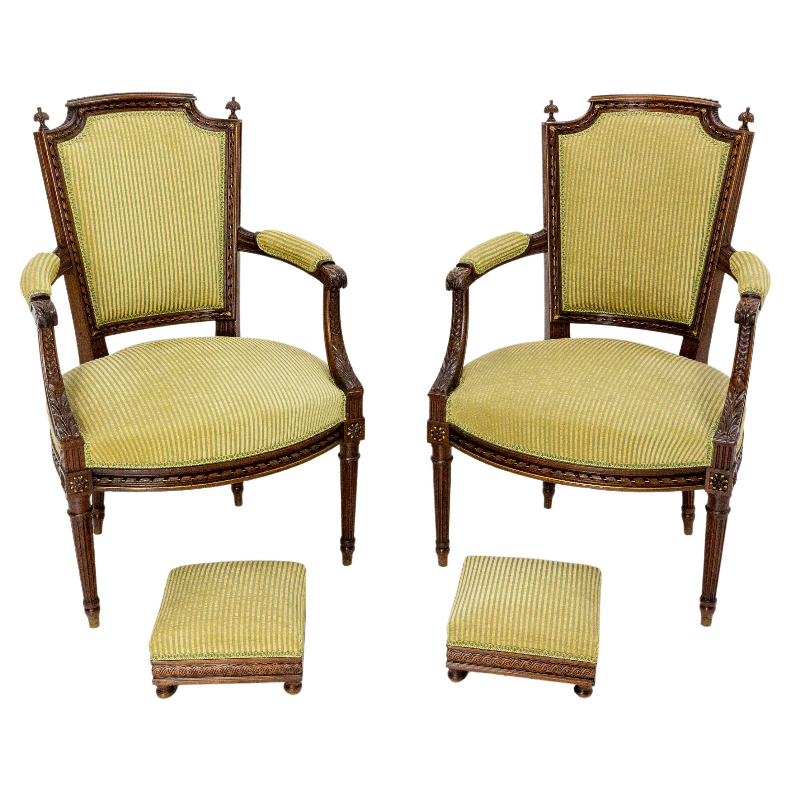 Pair of Louis XVI Revival Open Armchairs French with Footstools, Midcentury For Sale