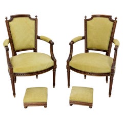 Pair of Louis XVI Revival Open Armchairs French with Footstools, Midcentury