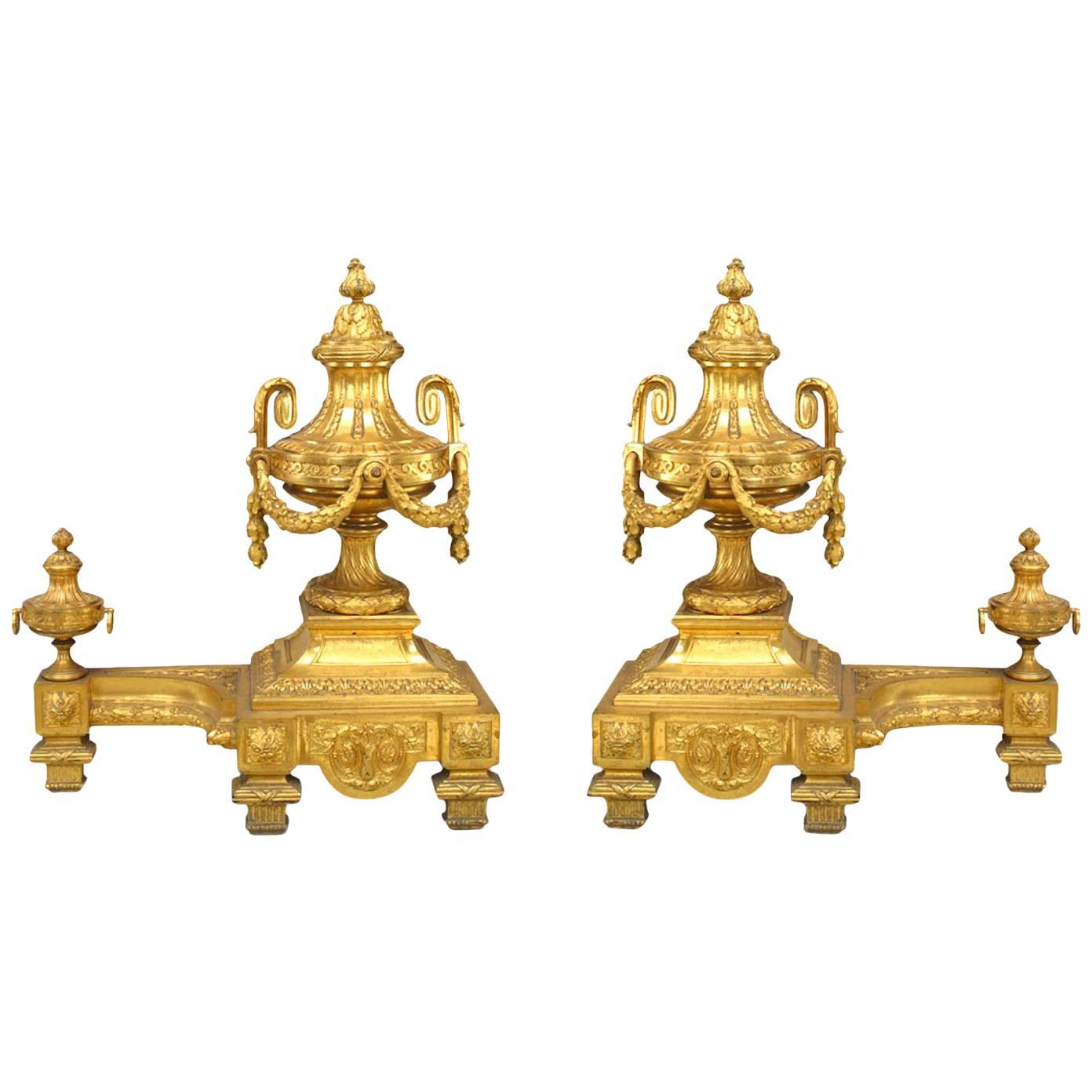 Pair of Louis XVI Style '19th Century' Bronze Doré Urn and Festoon Andirons For Sale