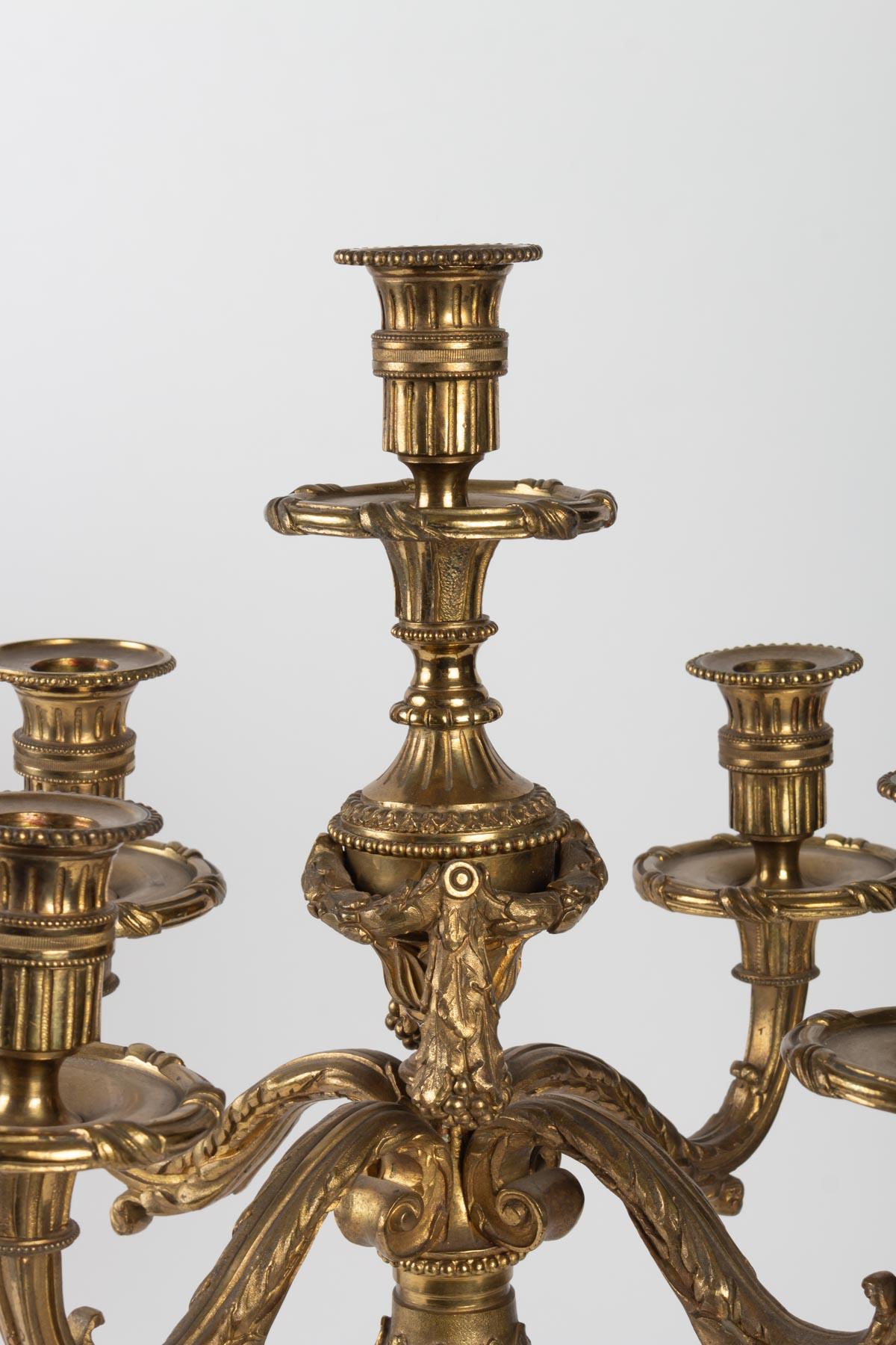 French Pair of Louis XVI Style 5-Light Candelabra in Gilded Bronze