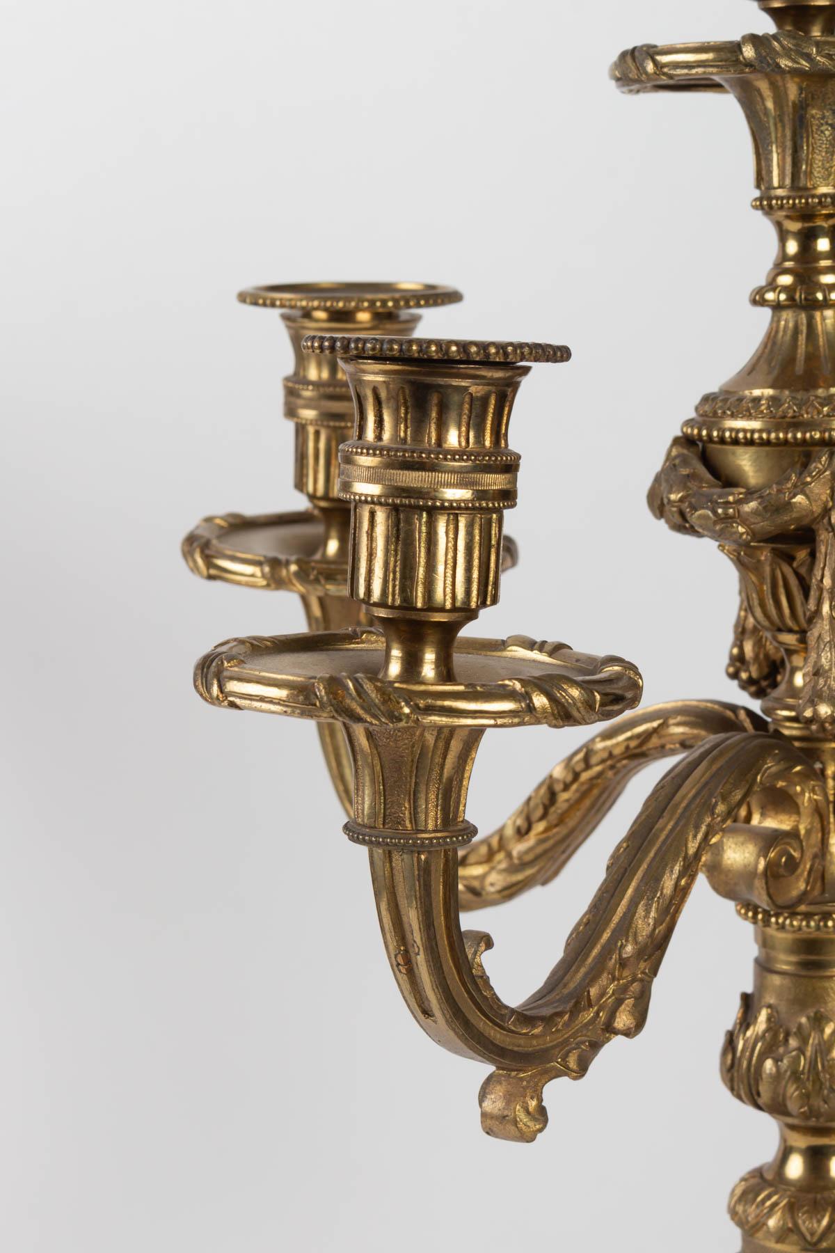 Gilt Pair of Louis XVI Style 5-Light Candelabra in Gilded Bronze