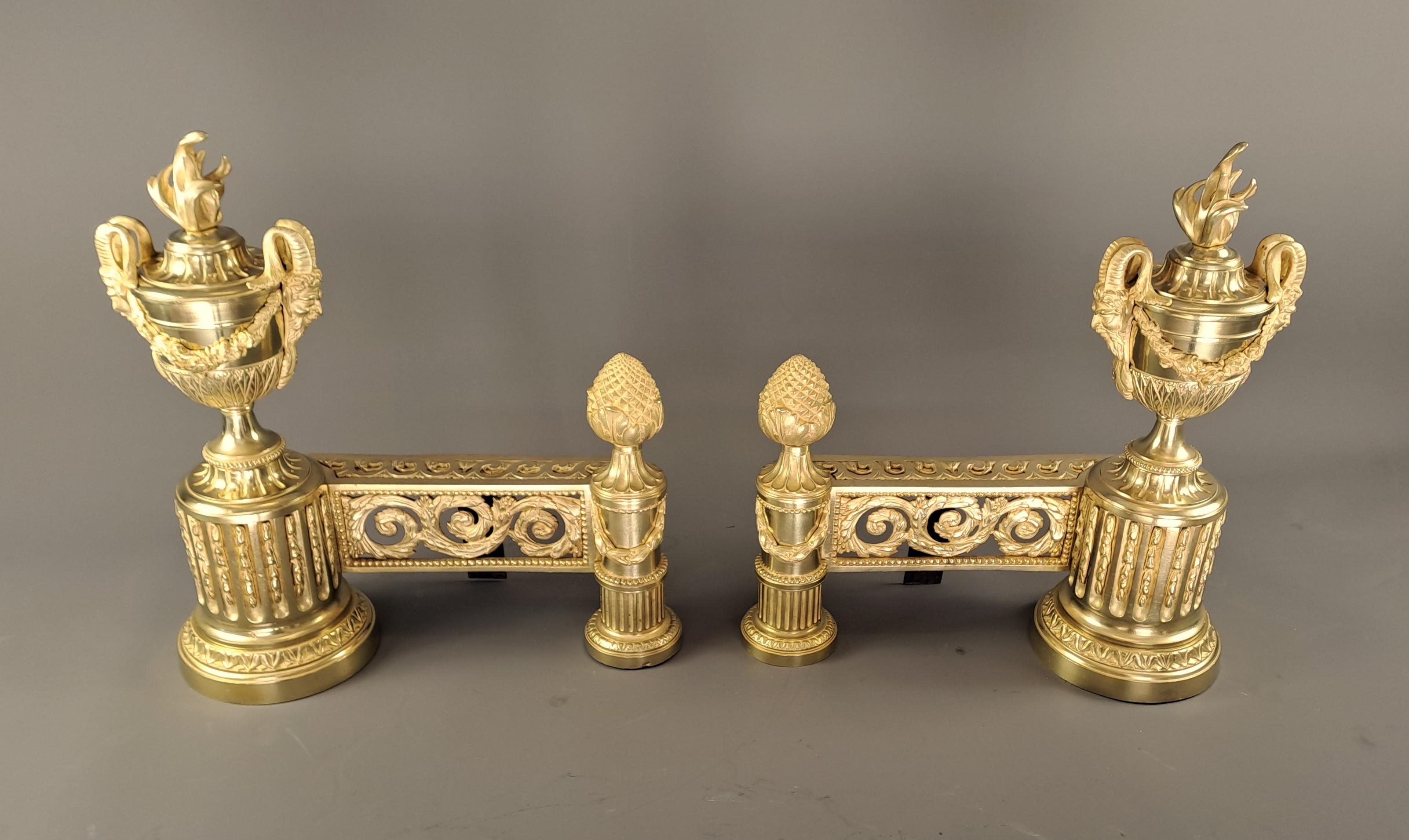 Pair Of Louis XVI Style Andirons In Gilt Bronze For Sale 5