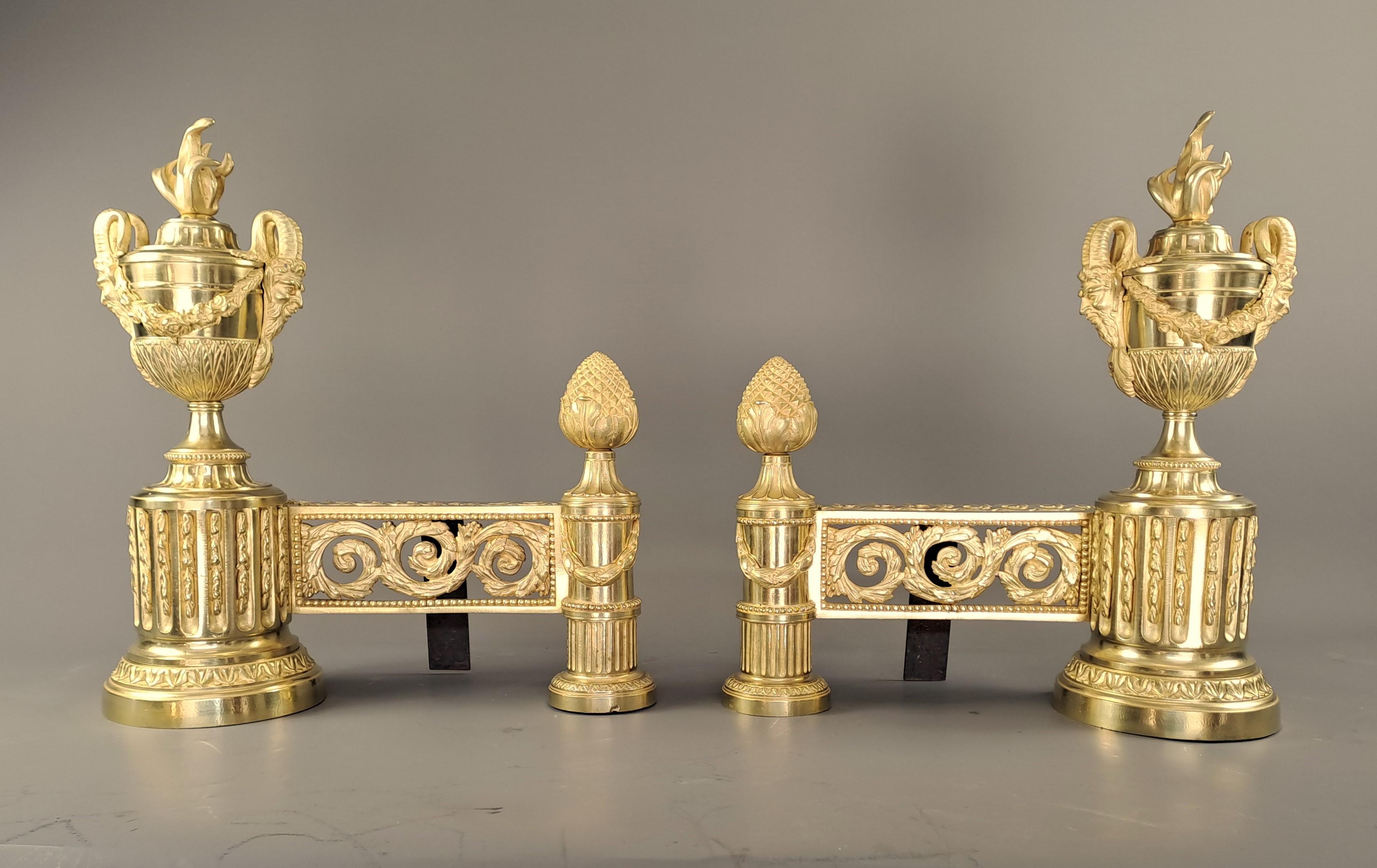 Pair Of Louis XVI Style Andirons In Gilt Bronze For Sale 6