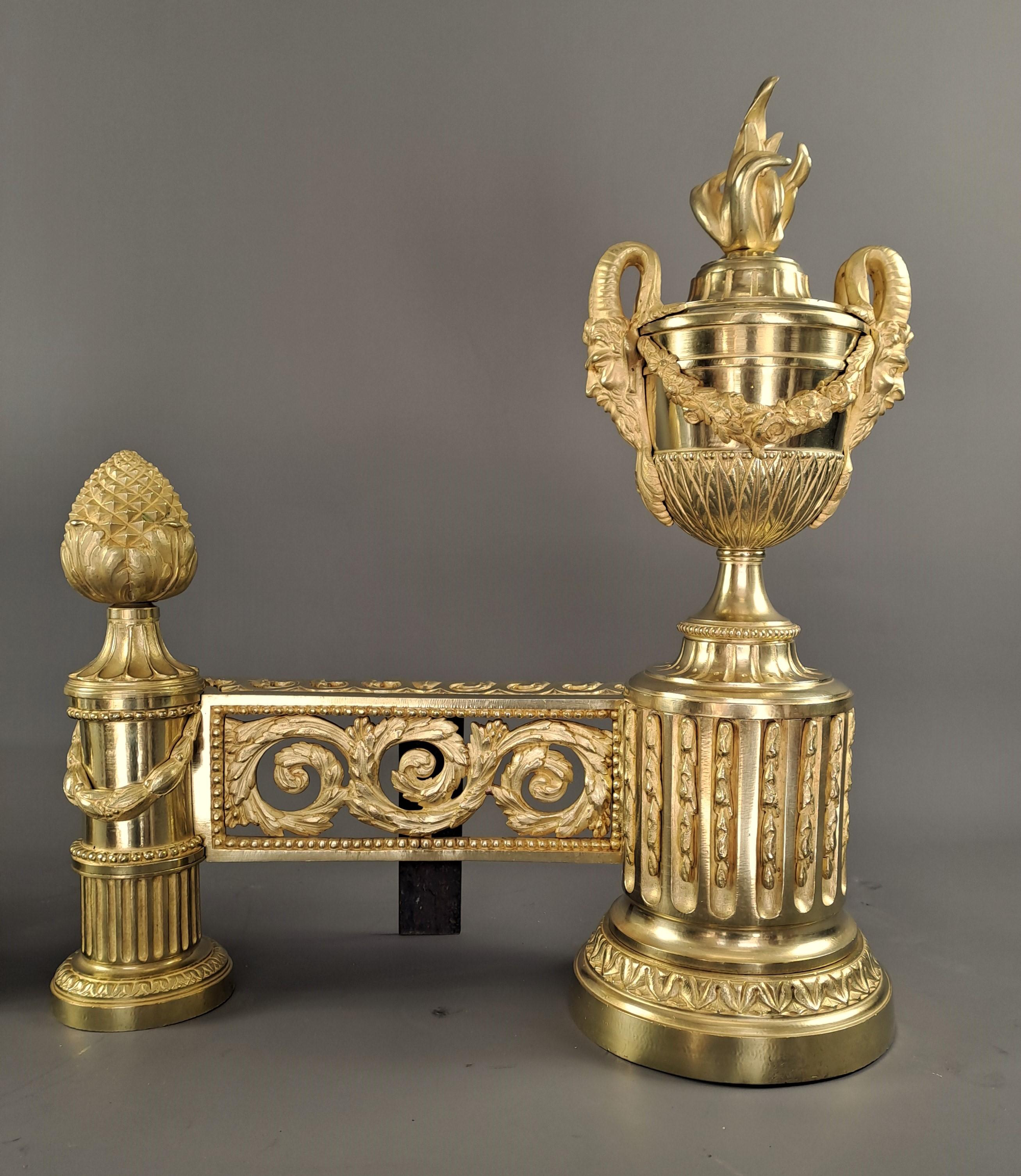 Pair Of Louis XVI Style Andirons In Gilt Bronze For Sale 7