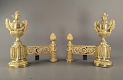 Pair Of Louis XVI Style Andirons In Gilt Bronze