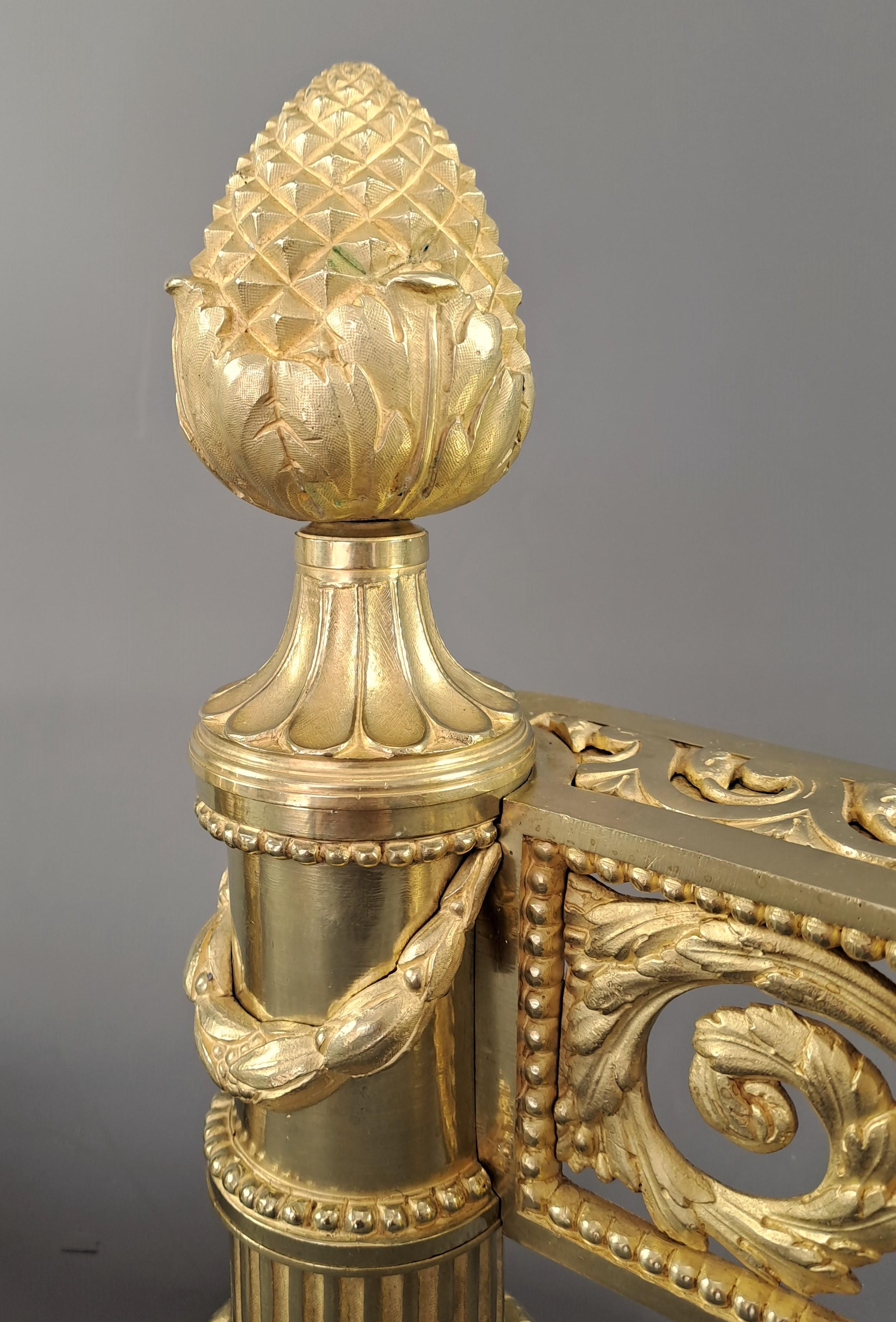 Pair Of Louis XVI Style Andirons In Gilt Bronze In Good Condition For Sale In BARSAC, FR