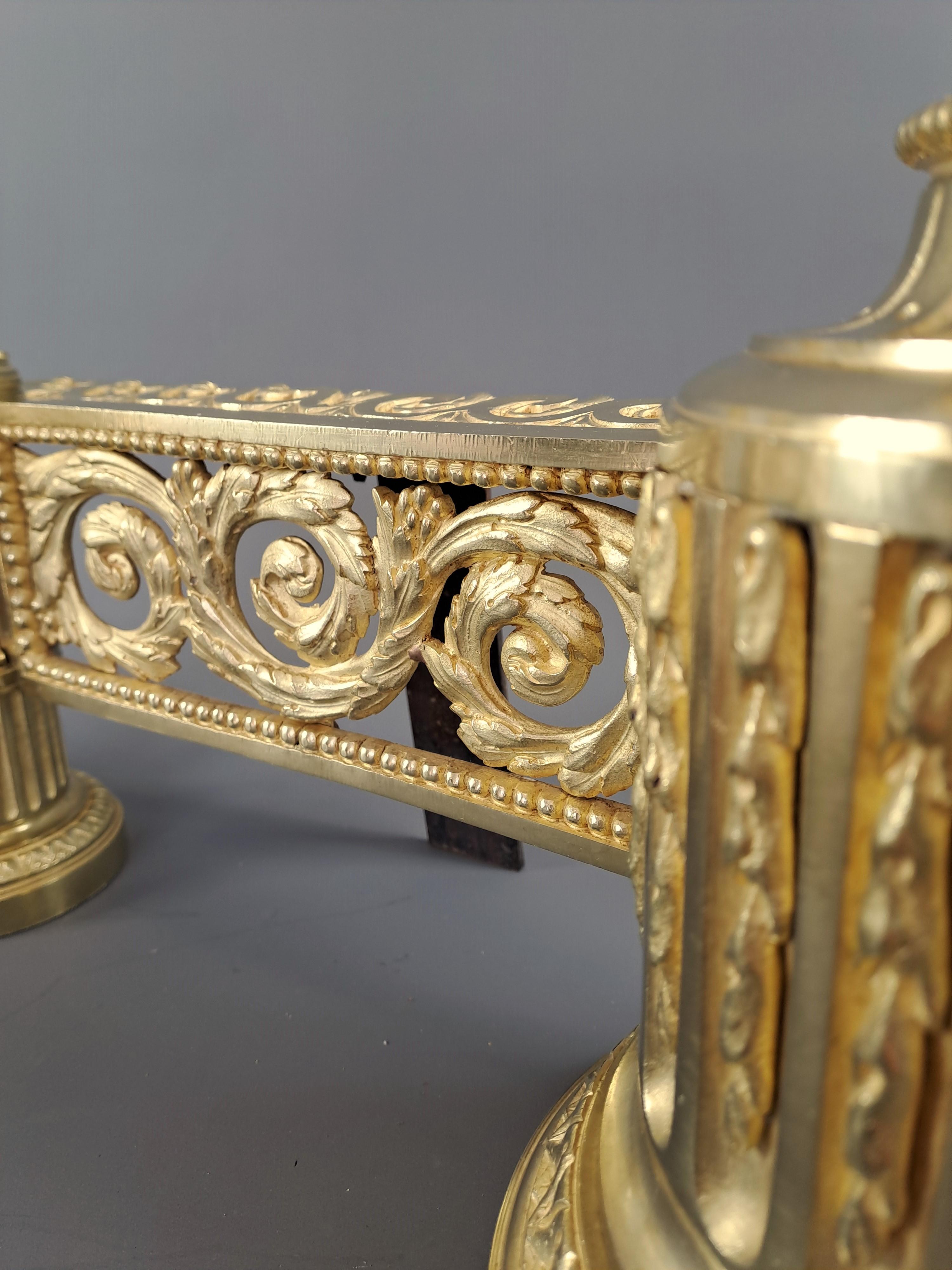 19th Century Pair Of Louis XVI Style Andirons In Gilt Bronze For Sale