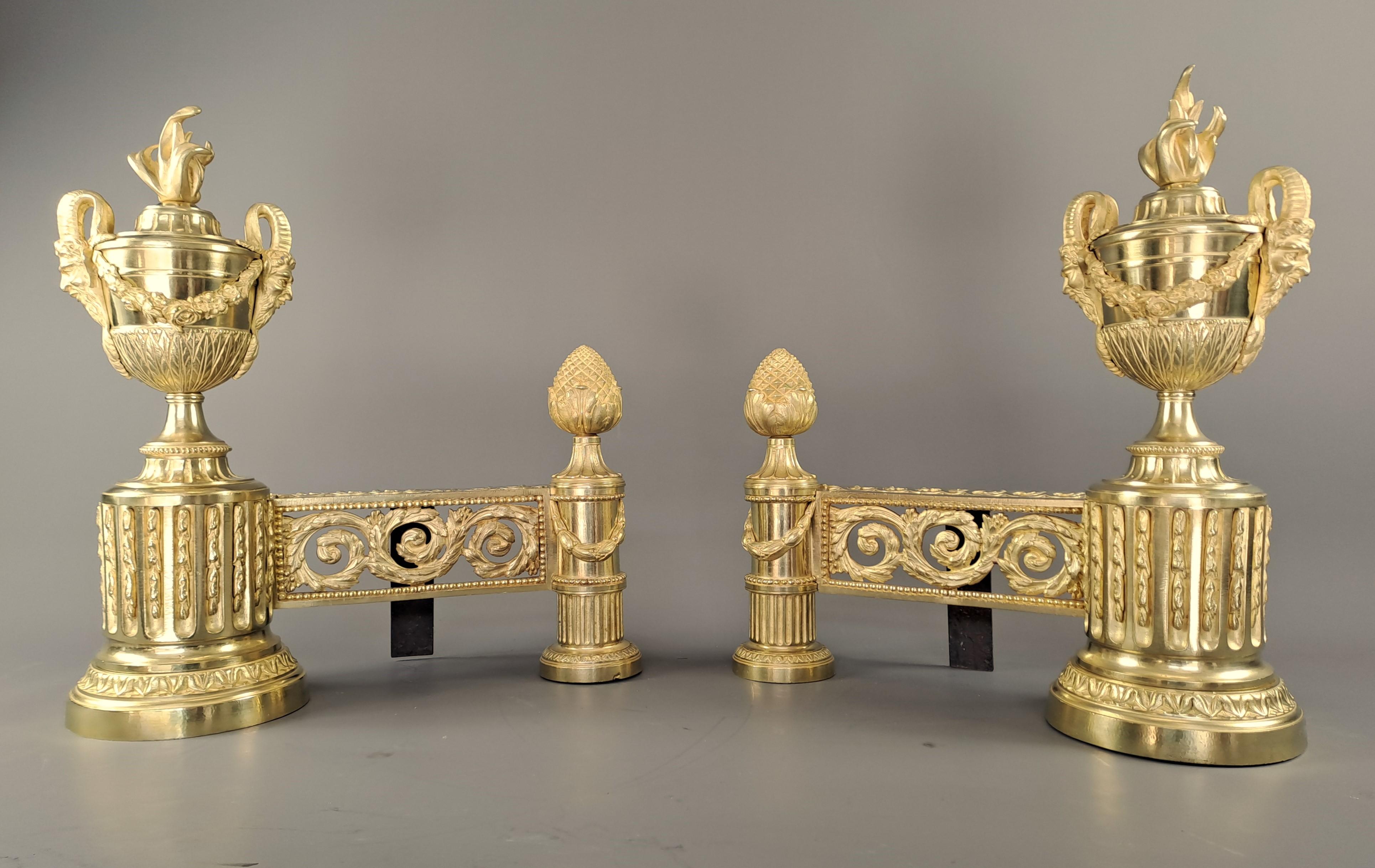 Pair Of Louis XVI Style Andirons In Gilt Bronze For Sale 1